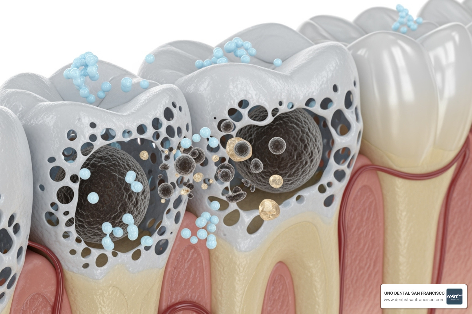 IMAGE diagram showing peroxide molecules breaking down stain molecules in enamel and dentin - dental teeth whitening