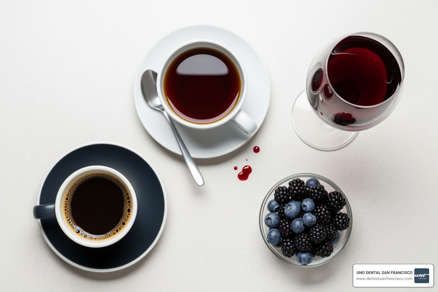 Image of common staining foods like coffee, tea, and red wine - dental teeth whitening