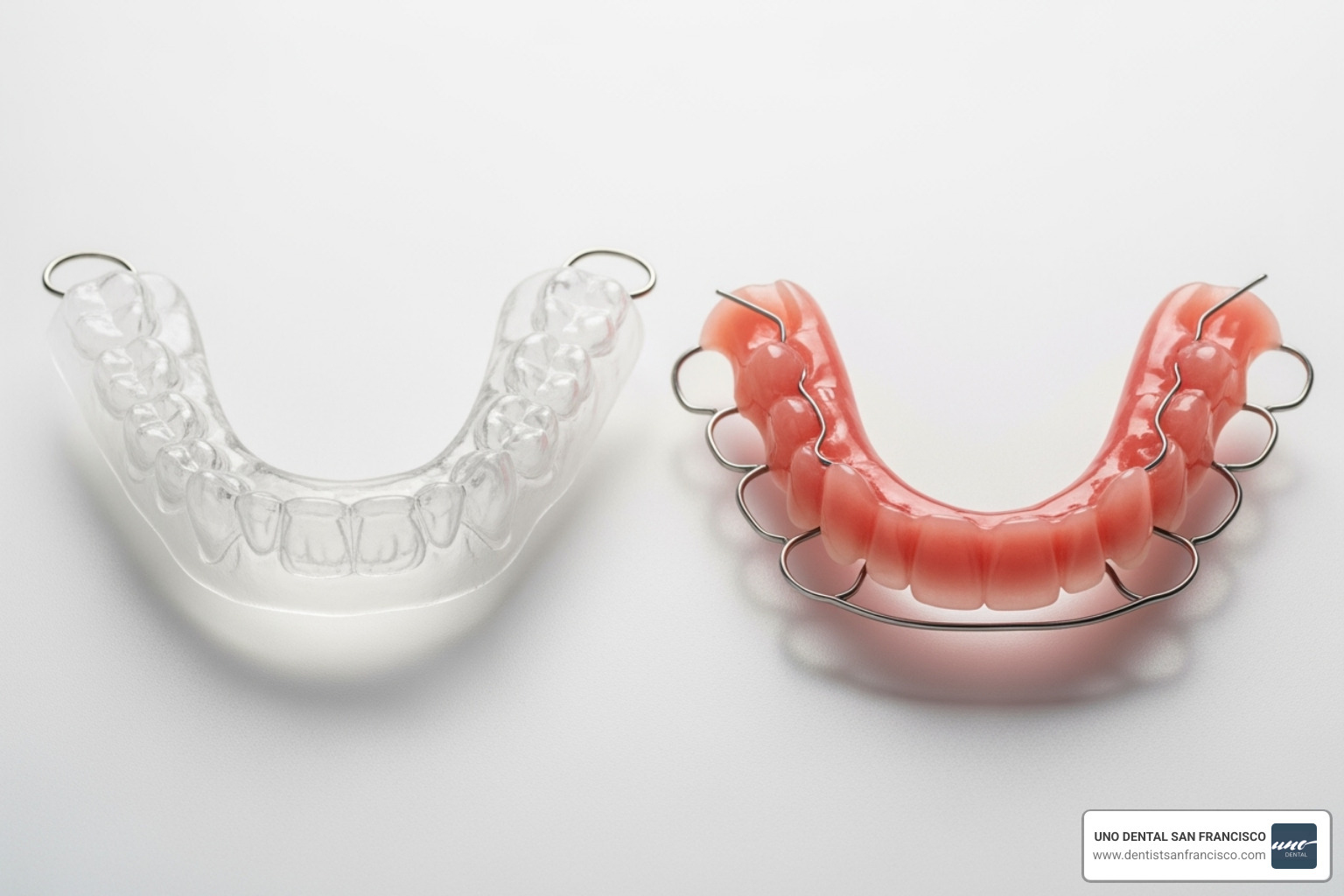 image of both a clear plastic retainer and a traditional wire retainer - Permanent retainer vs removable