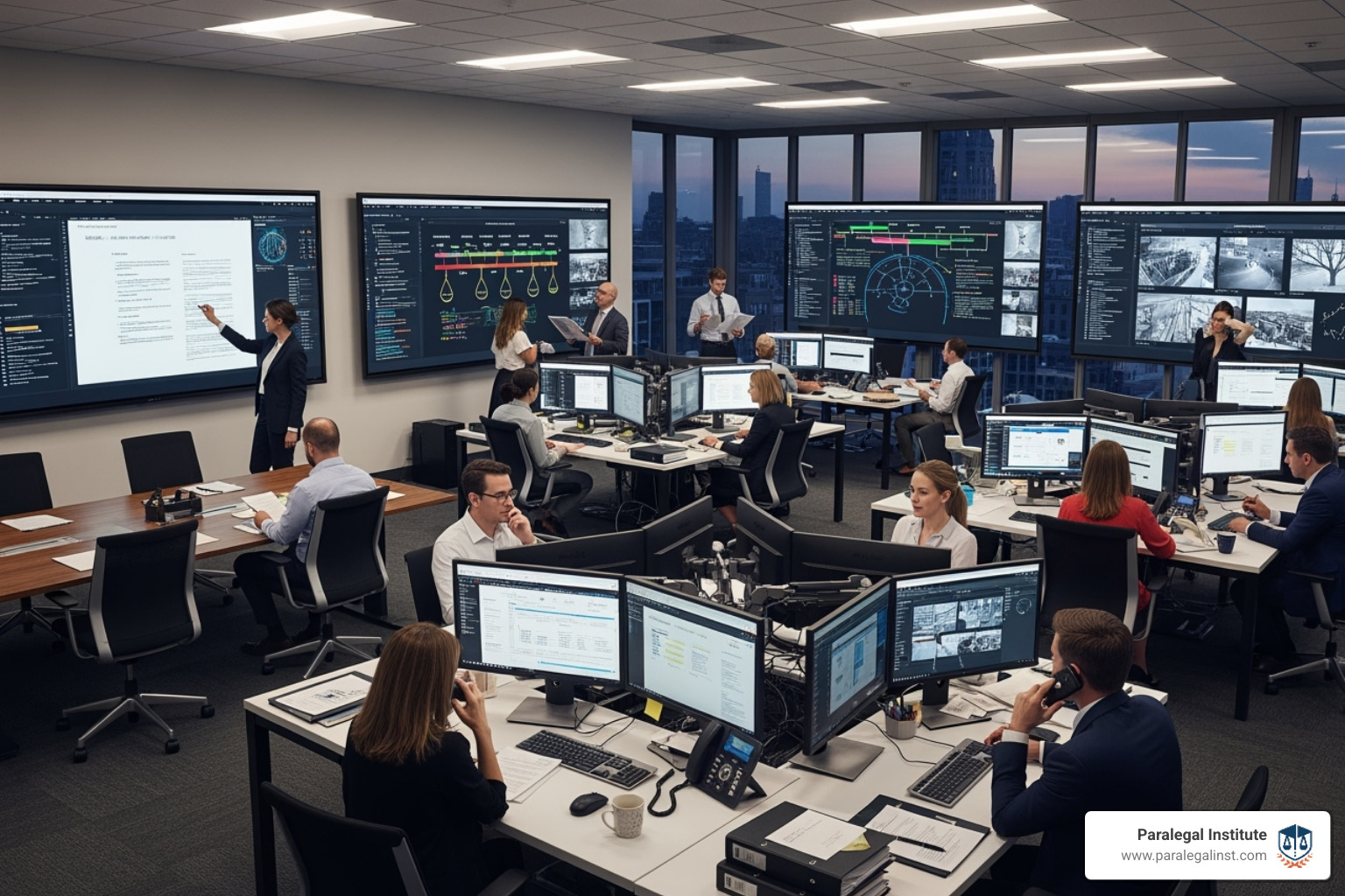 war room with trial boards, documents, and computers - commercial litigation paralegal job description