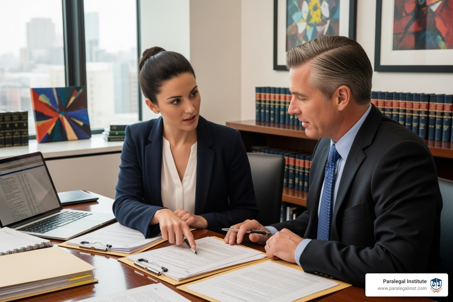 paralegal and attorney collaborating over a case file - commercial litigation paralegal job description