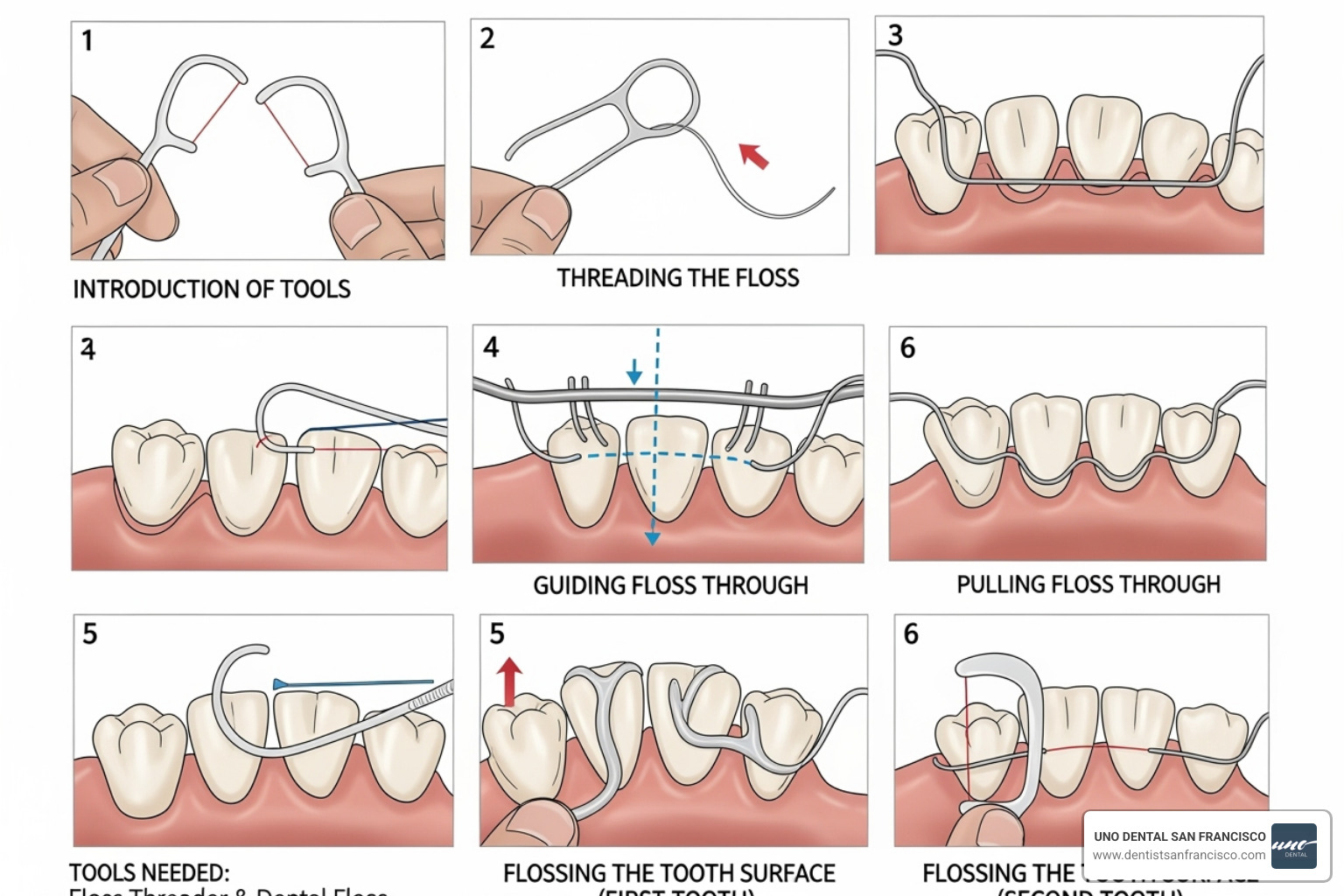 diagram showing how to floss with a permanent retainer using a floss threader - Permanent retainer vs removable