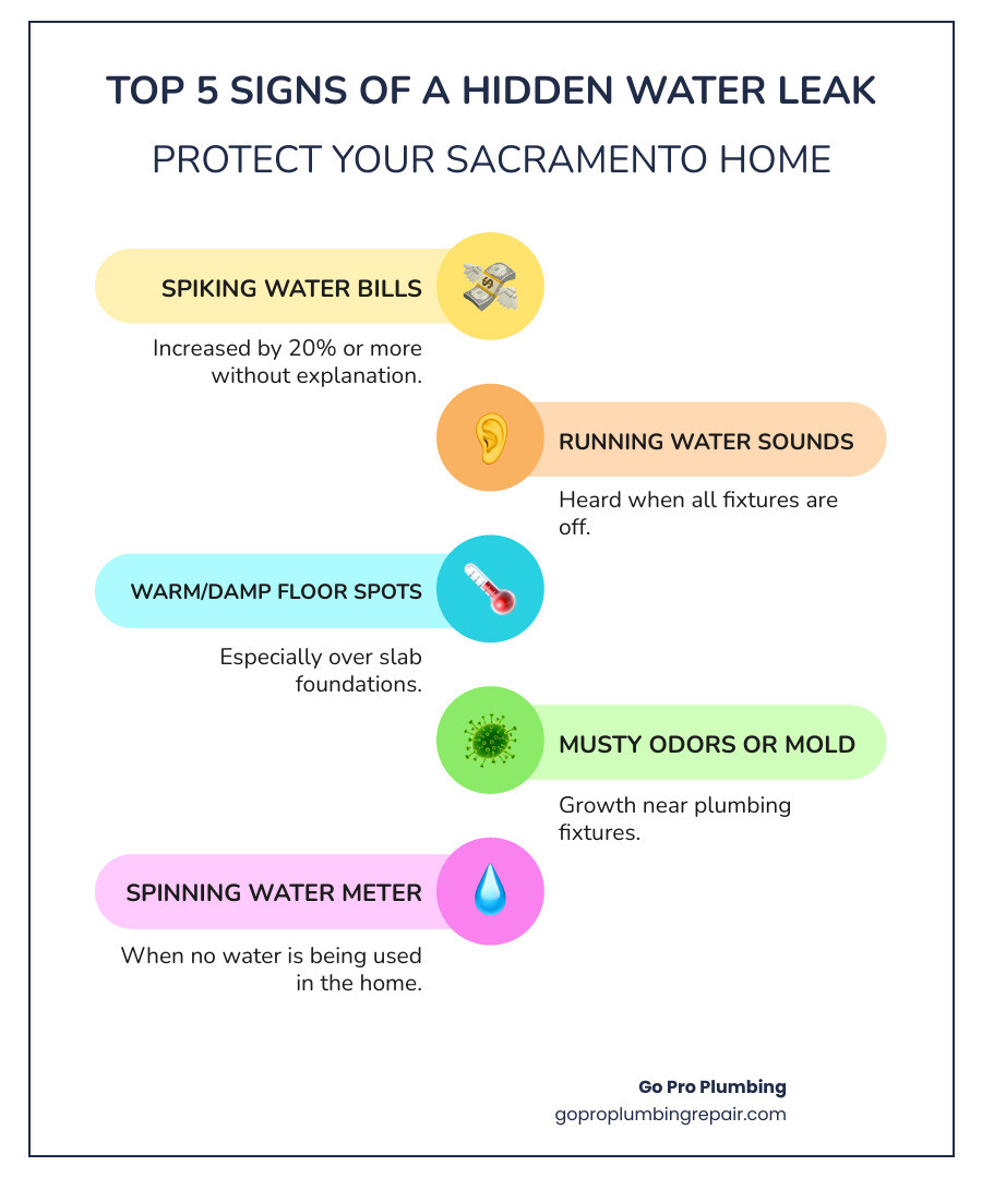 Infographic showing the top 5 signs of a hidden water leak in Sacramento homes: 1) Water bill increased by 20% or more without explanation, 2) Sound of running water when all fixtures are off, 3) Warm or damp spots on floors, especially over slab foundations, 4) Musty odors or visible mold growth near plumbing fixtures, 5) Water meter spinning when no water is being used in the home - leak detection Sacramento infographic infographic-line-5-steps-colors