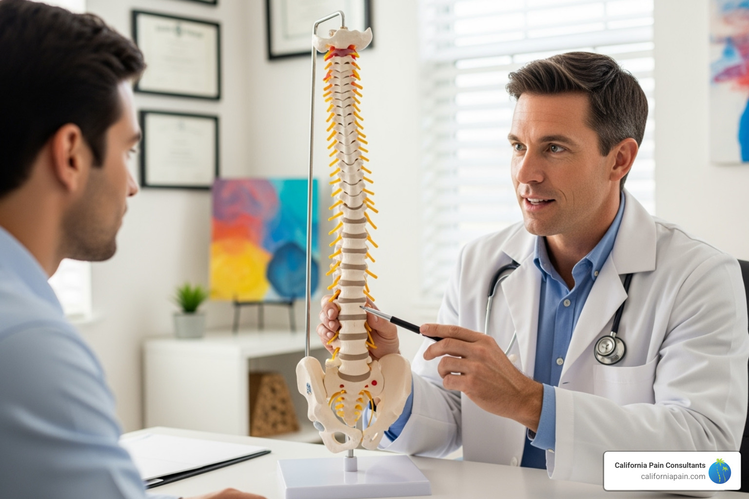 A doctor explaining a spinal model to a patient, pointing to the facet joints, with the patient listening attentively. - Facet joint injections