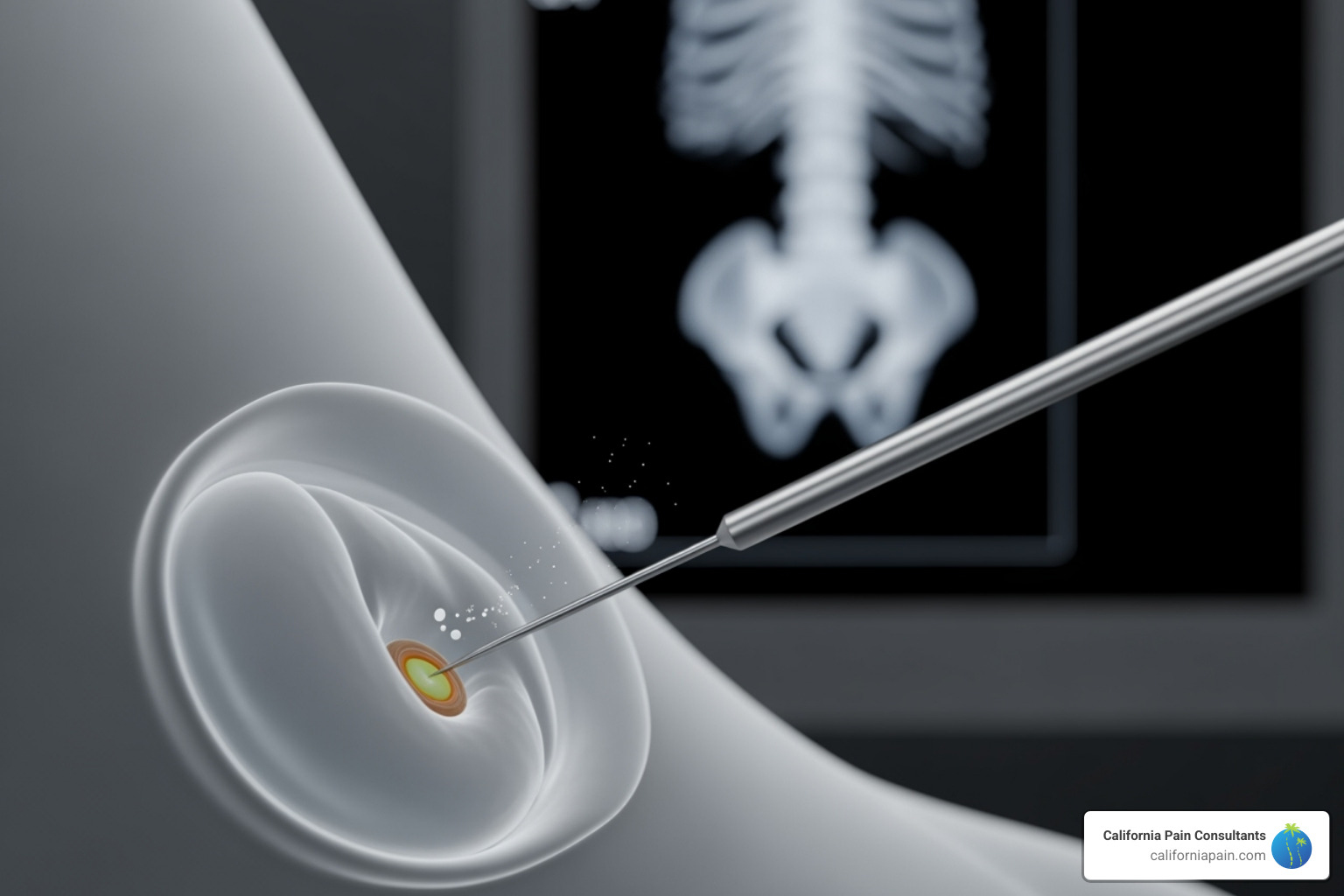 A close-up image illustrating the precise needle placement for a lumbar facet joint injection using fluoroscopy, showing the needle tip inside the joint capsule. - Facet joint injections