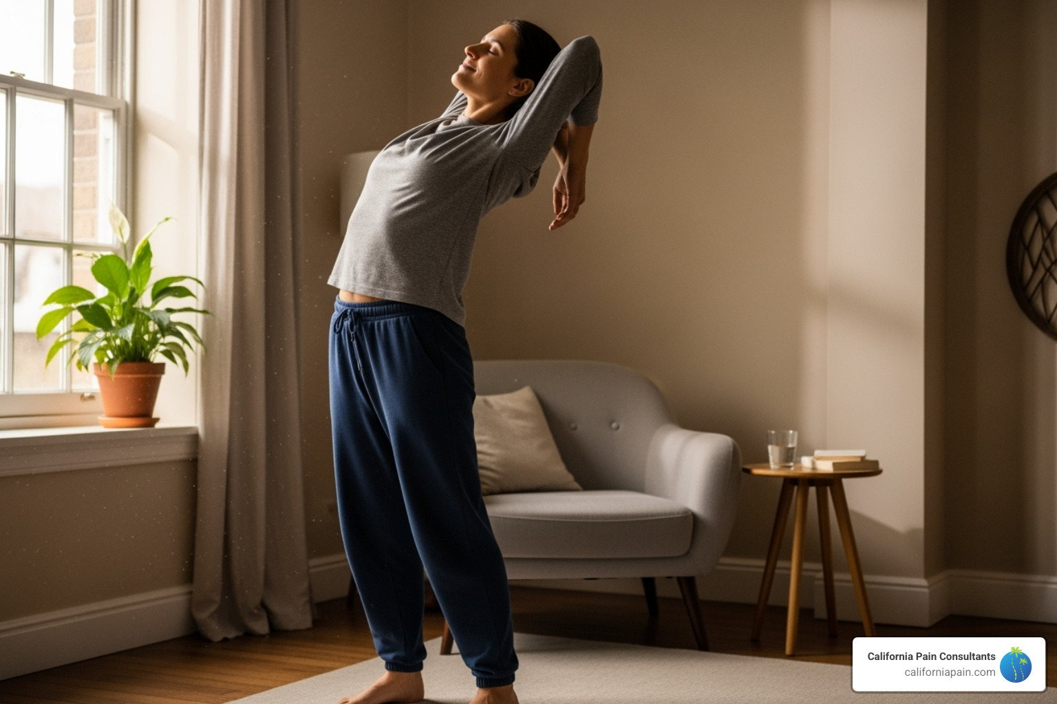 A patient performing gentle stretching exercises for their back, demonstrating a gradual return to activity after a medical procedure. - Facet joint injections