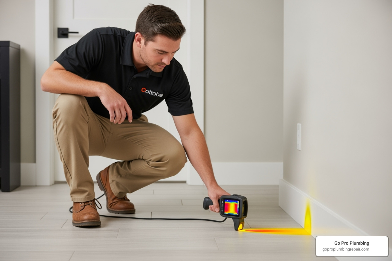 technician using a thermal imaging camera on a floor - leak detection Sacramento