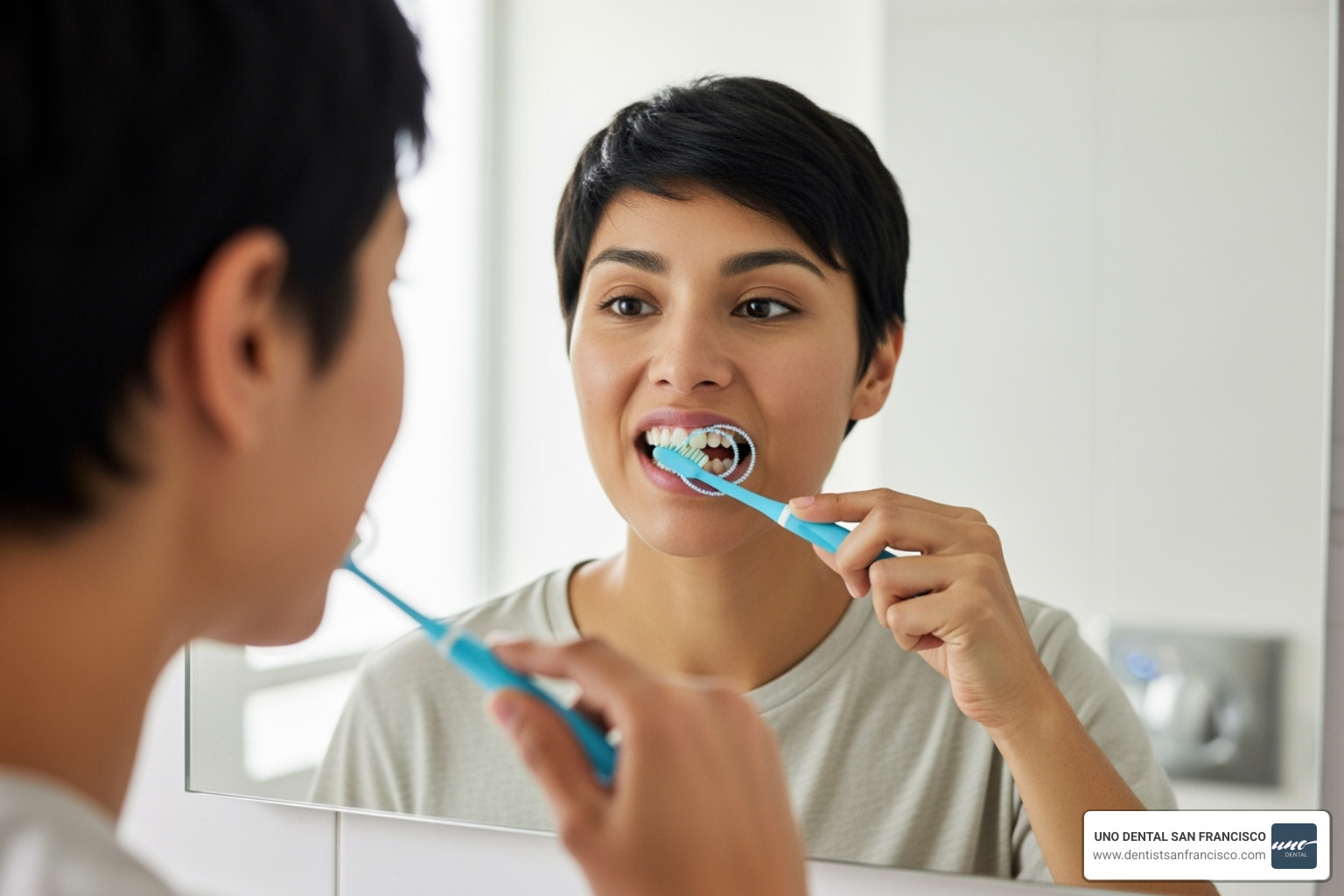 person using a soft-bristled toothbrush correctly - stop teeth sensitivity