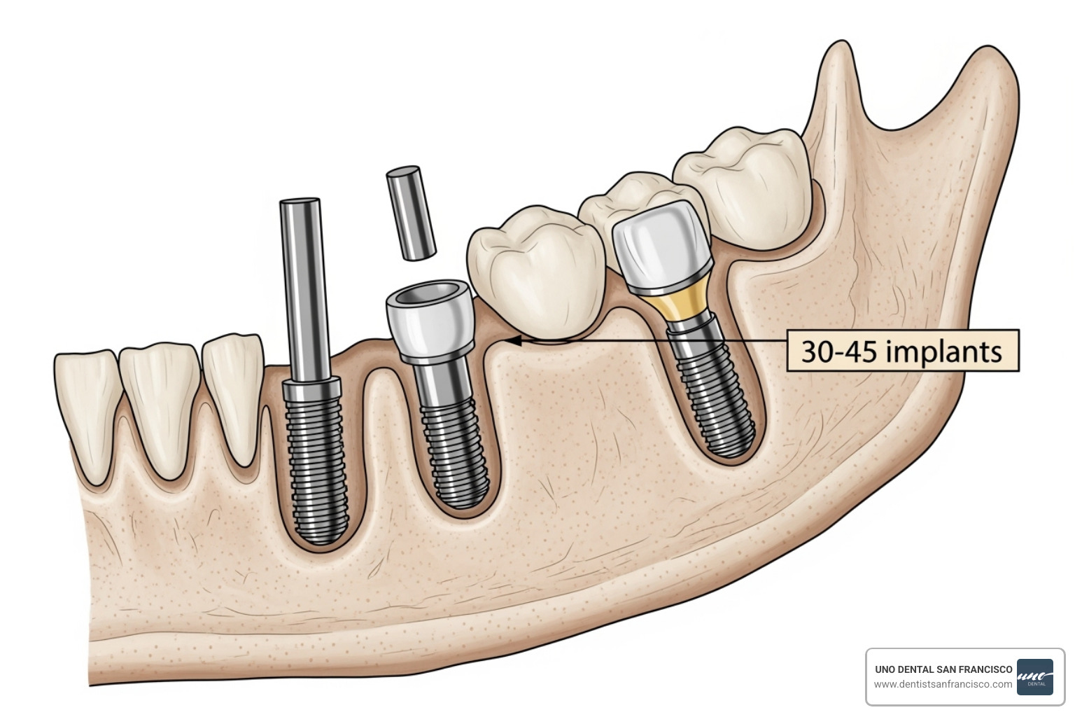 Diagram showing the four angled implant placements in the jawbone - all on 4 dental implants san francisco ca