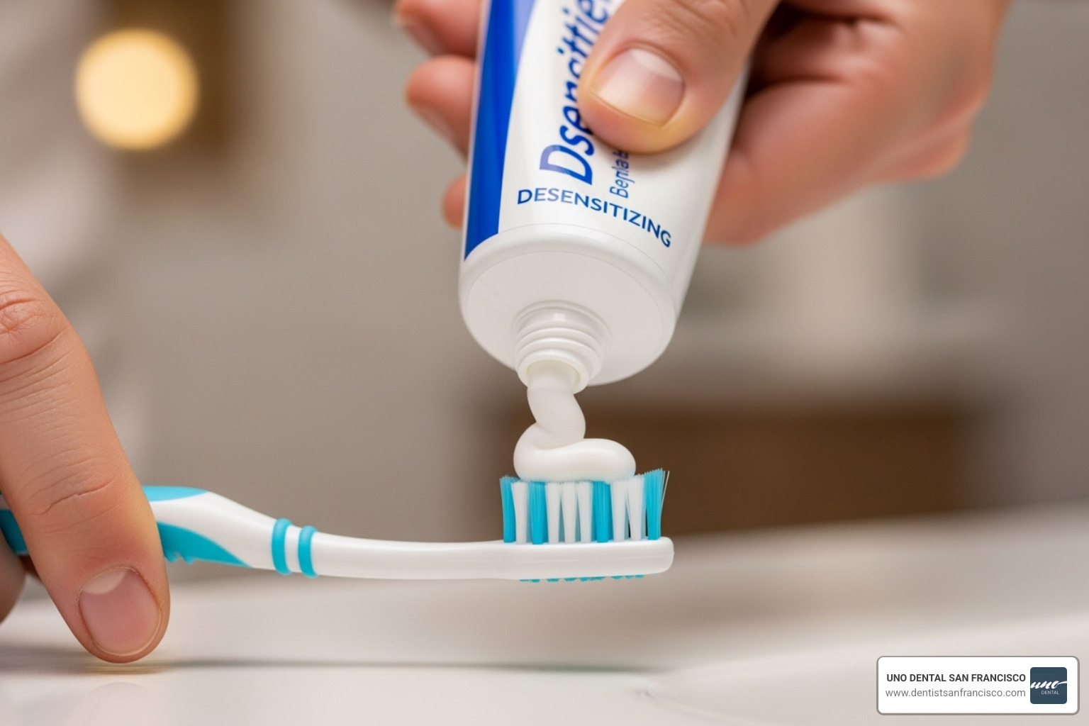A person applying desensitizing toothpaste to a soft-bristled toothbrush - teeth whitening sensitivity relief A person applying desensitizing toothpaste to a soft-bristled toothbrush - teeth whitening sensitivity relief
