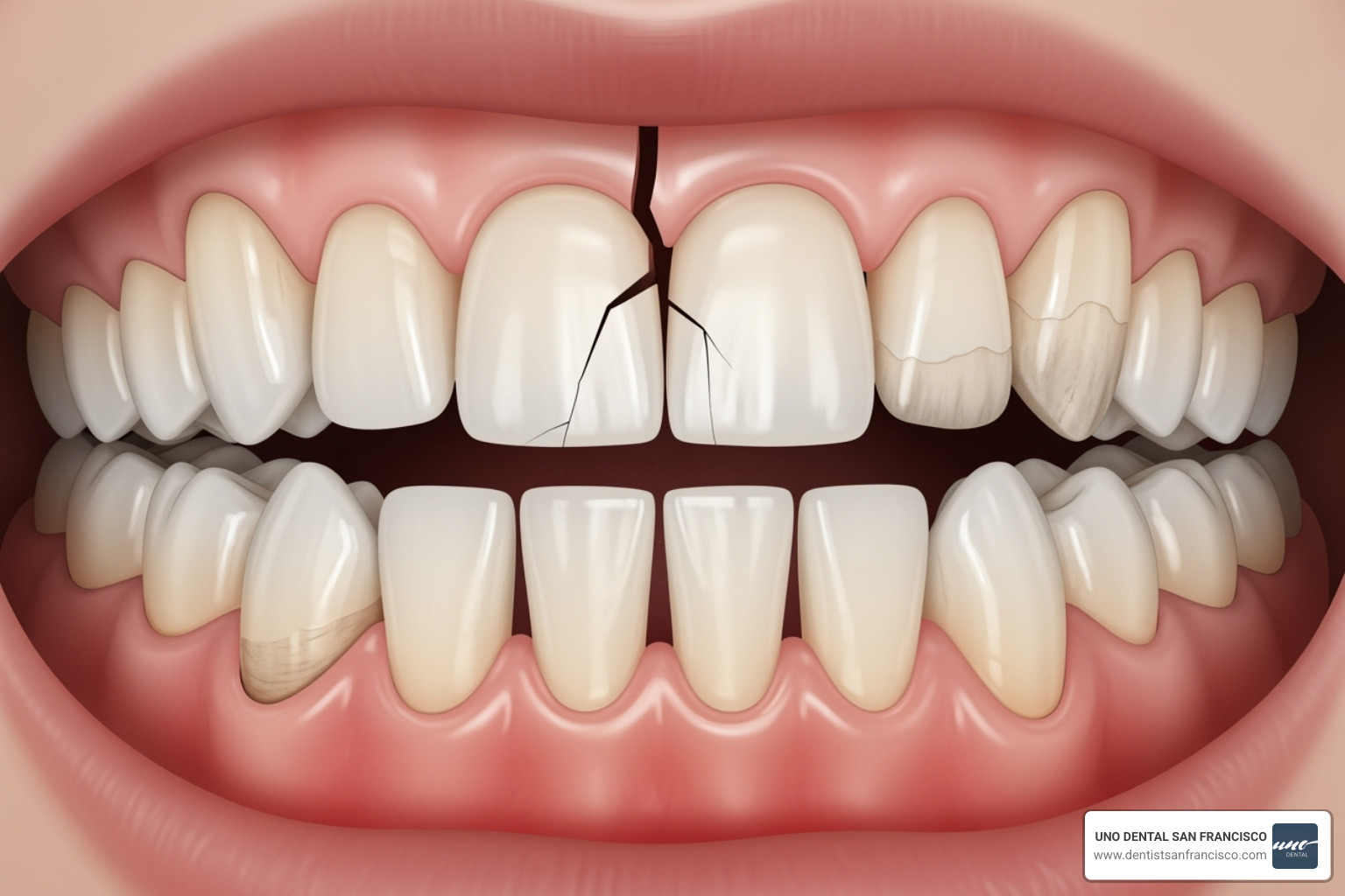 Illustration of common dental problems like cracked teeth, missing teeth, and severe wear - full mouth restoration SF Illustration of common dental problems like cracked teeth, missing teeth, and severe wear - full mouth restoration SF