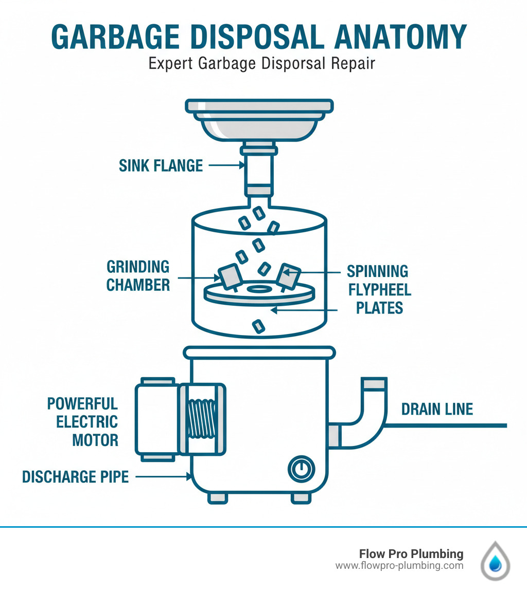Infographic showing the anatomy of a garbage disposal: sink flange at top connecting to the sink drain, grinding chamber in the middle where food waste enters, impeller plates (not blades) mounted on a spinning flywheel, powerful electric motor at the bottom, discharge pipe connecting to drain line, and reset button on the exterior bottom of the unit - Expert garbage disposal repair infographic Infographic showing the anatomy of a garbage disposal: sink flange at top connecting to the sink drain, grinding chamber in the middle where food waste enters, impeller plates (not blades) mounted on a spinning flywheel, powerful electric motor at the bottom, discharge pipe connecting to drain line, and reset button on the exterior bottom of the unit - Expert garbage disposal repair infographic