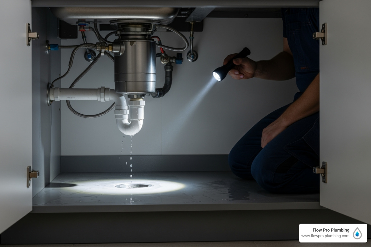 A person shining a flashlight under a kitchen sink, illuminating a leaking garbage disposal unit and wet cabinet floor. - Expert garbage disposal repair A person shining a flashlight under a kitchen sink, illuminating a leaking garbage disposal unit and wet cabinet floor. - Expert garbage disposal repair