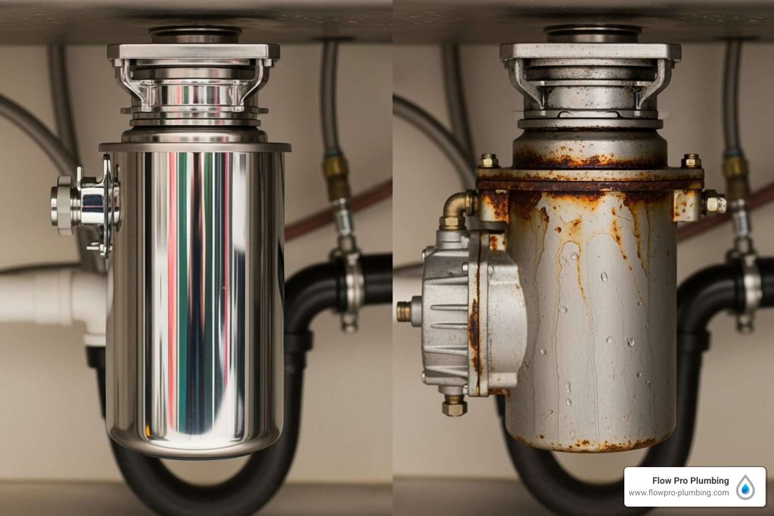 A brand new, shiny garbage disposal unit sits prominently next to an older, visibly worn and rusty garbage disposal unit, highlighting the contrast between old and new appliances. - Expert garbage disposal repair A brand new, shiny garbage disposal unit sits prominently next to an older, visibly worn and rusty garbage disposal unit, highlighting the contrast between old and new appliances. - Expert garbage disposal repair