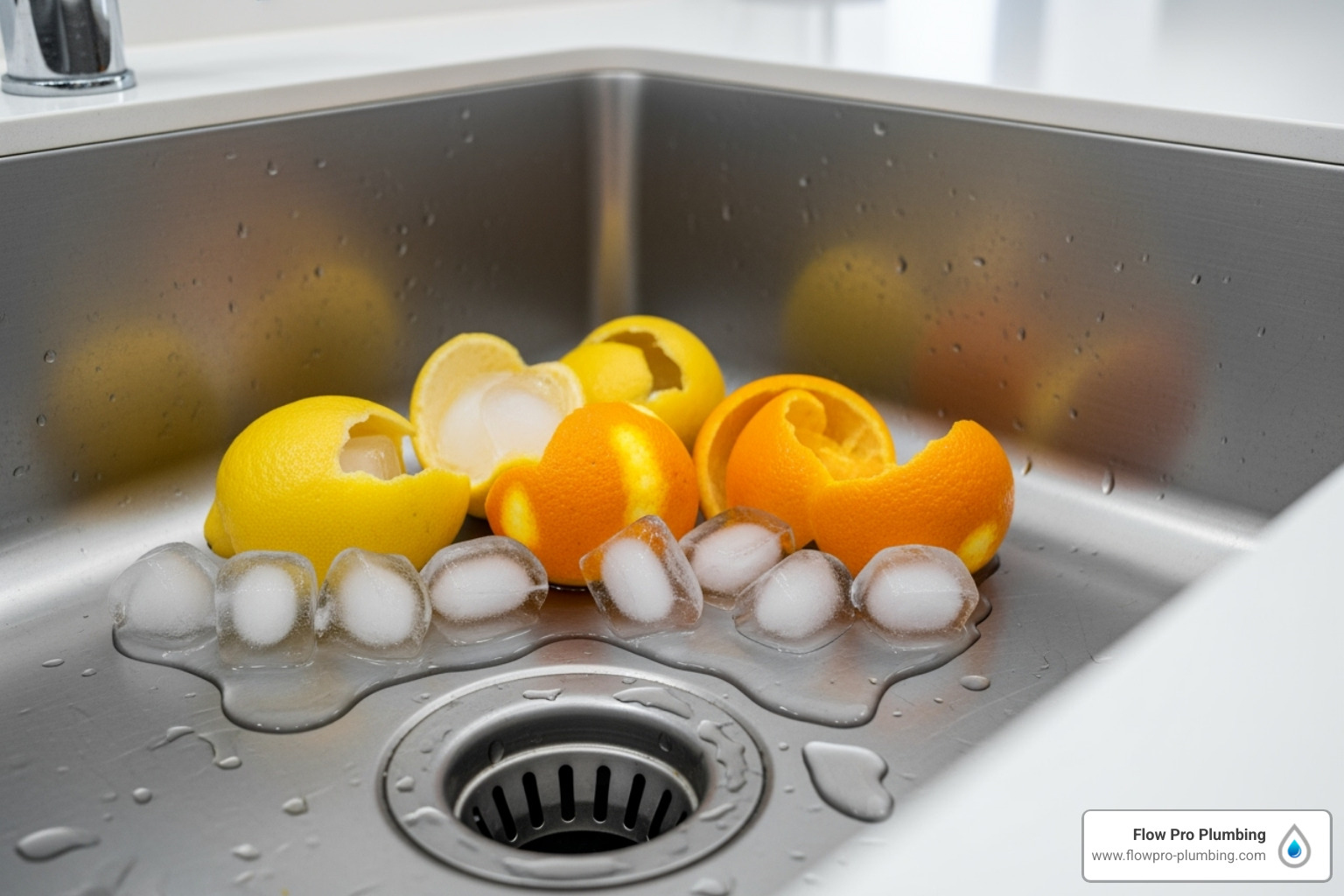 A kitchen sink with a few lemon and orange peels, along with some ice cubes, resting in the basin, ready to be put down the garbage disposal. - Expert garbage disposal repair A kitchen sink with a few lemon and orange peels, along with some ice cubes, resting in the basin, ready to be put down the garbage disposal. - Expert garbage disposal repair