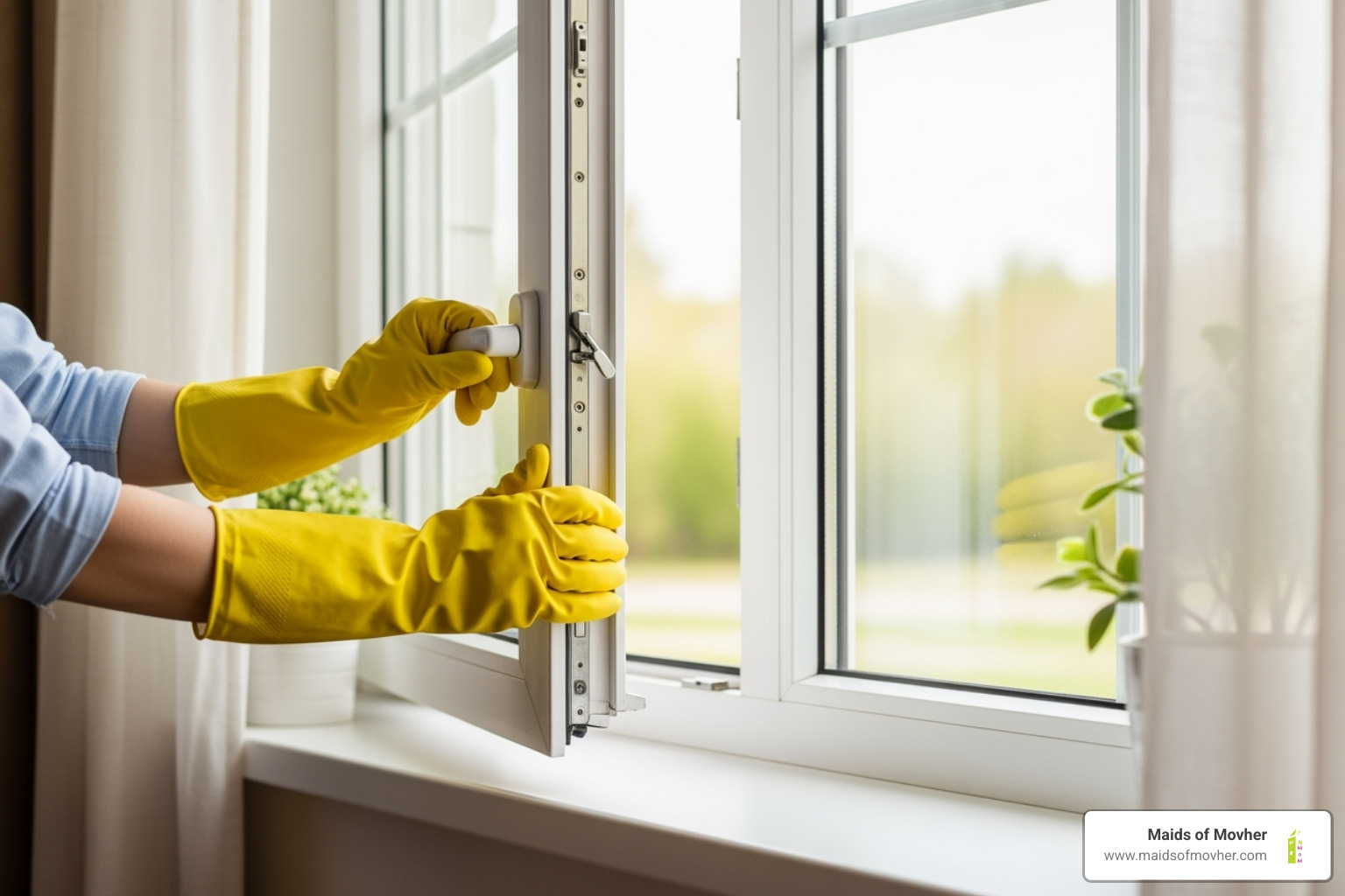 person wearing gloves and opening window while cleaning - safe house cleaning products washington