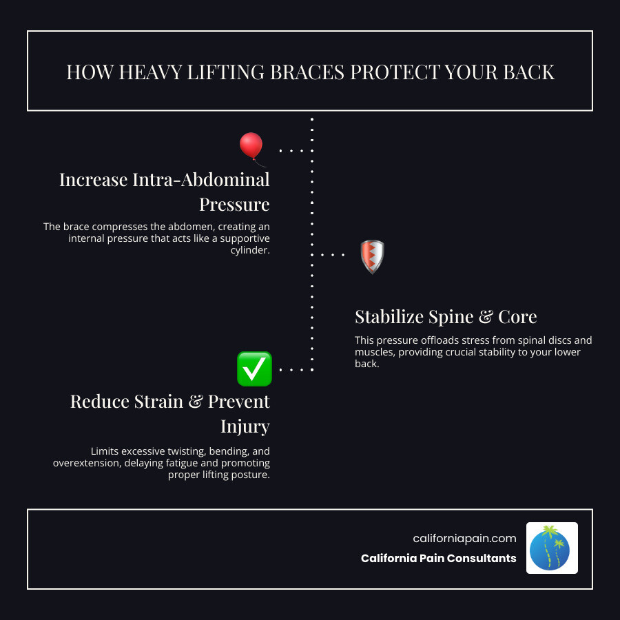 infographic showing how a heavy lifting brace creates intra-abdominal pressure to support the spine, with arrows indicating pressure distribution away from vertebrae and toward the abdominal core, plus zones showing compression areas and posture alignment benefits - Heavy lifting brace infographic infographic-line-3-steps-dark infographic showing how a heavy lifting brace creates intra-abdominal pressure to support the spine, with arrows indicating pressure distribution away from vertebrae and toward the abdominal core, plus zones showing compression areas and posture alignment benefits - Heavy lifting brace infographic infographic-line-3-steps-dark