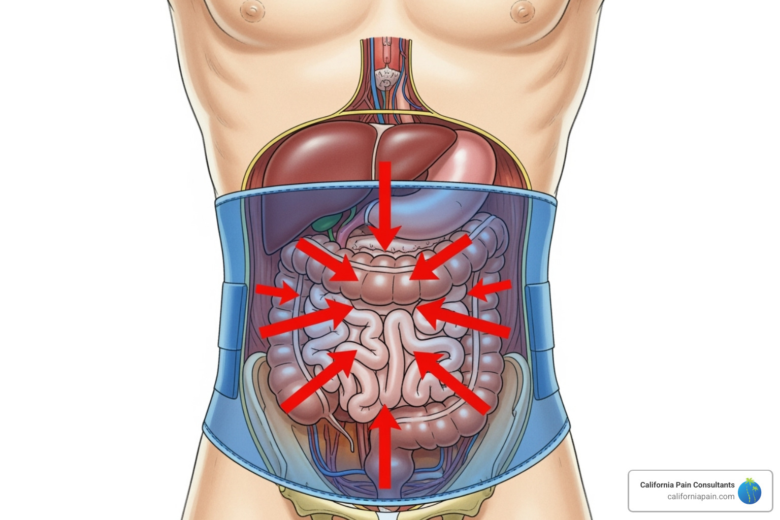 A graphic illustrating the human torso with red arrows pointing to increased intra-abdominal pressure and blue zones highlighting the lower back and abdominal areas where a brace provides compression and support, emphasizing spinal stabilization - Heavy lifting brace A graphic illustrating the human torso with red arrows pointing to increased intra-abdominal pressure and blue zones highlighting the lower back and abdominal areas where a brace provides compression and support, emphasizing spinal stabilization - Heavy lifting brace