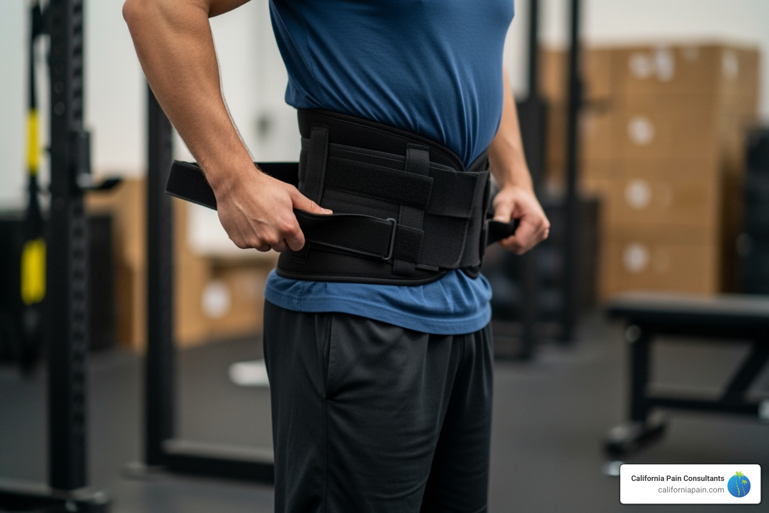 A sequential visual guide demonstrating how to correctly measure for, position, and tighten a heavy lifting brace around the lower back and abdomen - Heavy lifting brace A sequential visual guide demonstrating how to correctly measure for, position, and tighten a heavy lifting brace around the lower back and abdomen - Heavy lifting brace