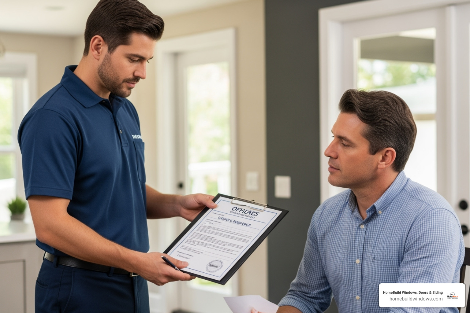 contractor showing license and insurance certificate to a homeowner - window contractor