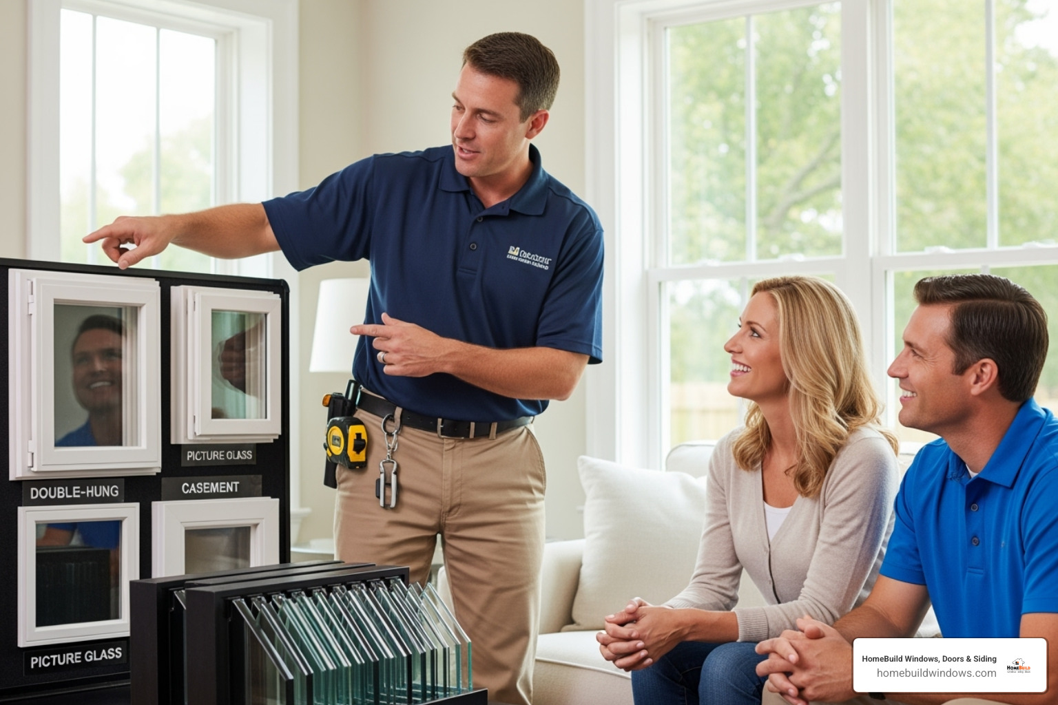 contractor explaining different window samples to a couple - window contractor