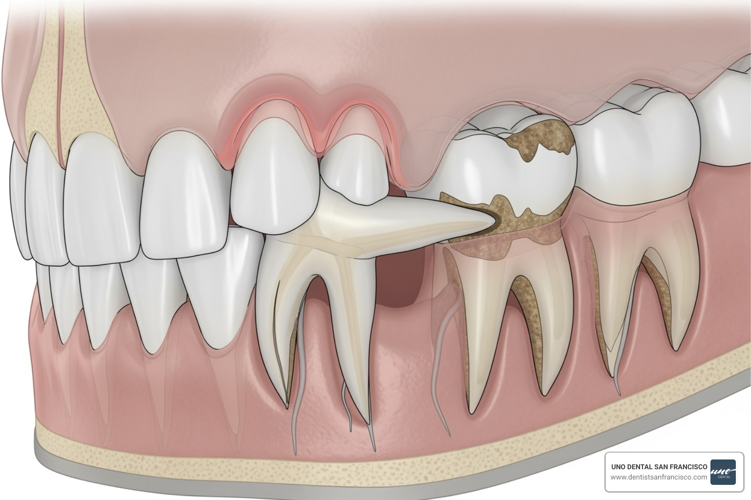 A diagram showing a wisdom tooth growing horizontally, pushing against and causing damage to the adjacent second molar, illustrating potential crowding and decay - how much does wisdom tooth extraction cost in san francisco A diagram showing a wisdom tooth growing horizontally, pushing against and causing damage to the adjacent second molar, illustrating potential crowding and decay - how much does wisdom tooth extraction cost in san francisco