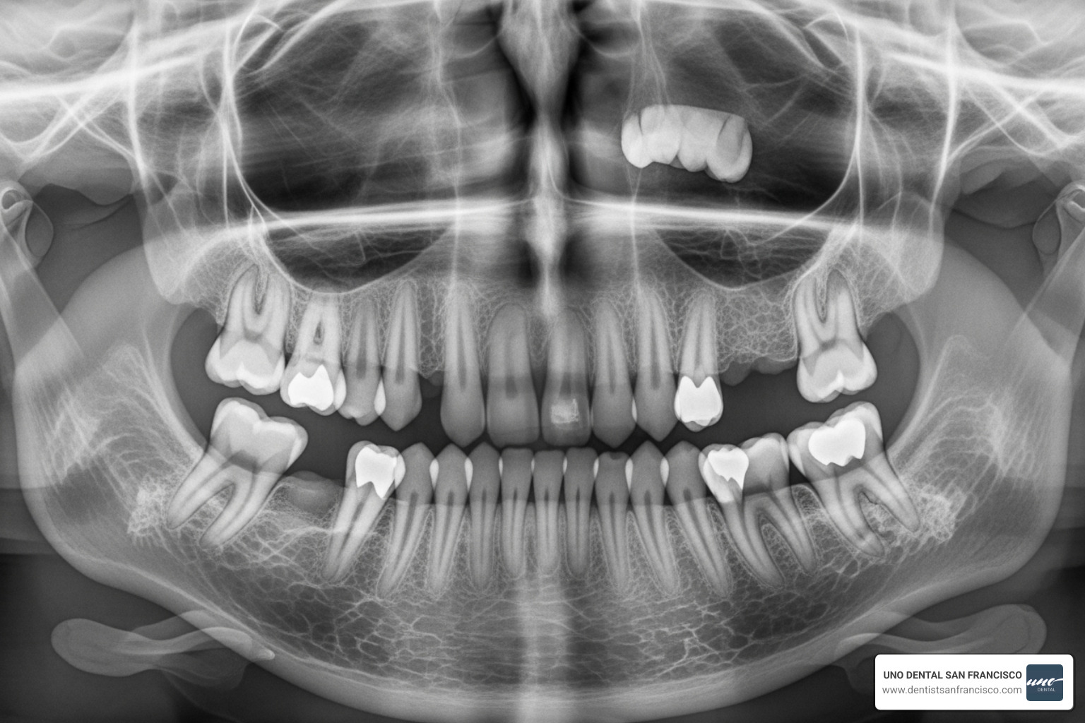 A panoramic dental X-ray showing four impacted wisdom teeth, clearly illustrating their position relative to other teeth and nerves - how much does wisdom tooth extraction cost in san francisco A panoramic dental X-ray showing four impacted wisdom teeth, clearly illustrating their position relative to other teeth and nerves - how much does wisdom tooth extraction cost in san francisco