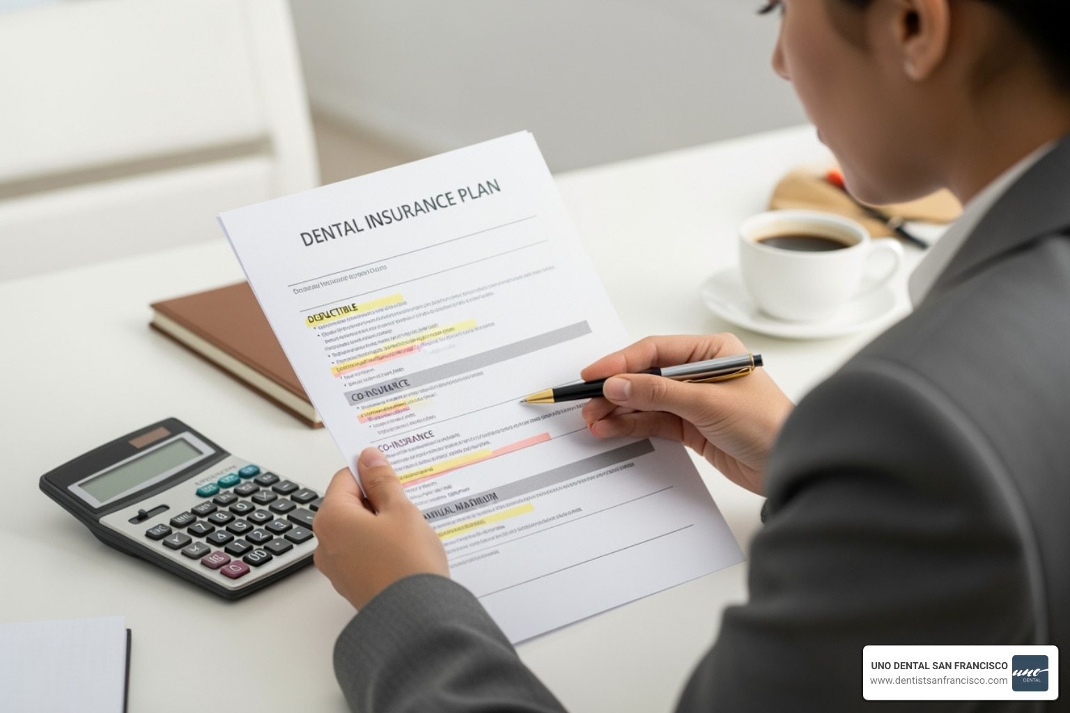 A person studying a dental insurance plan document, highlighting key terms like deductible, co-insurance, and annual maximum, with a pen and calculator nearby - how much does wisdom tooth extraction cost in san francisco A person studying a dental insurance plan document, highlighting key terms like deductible, co-insurance, and annual maximum, with a pen and calculator nearby - how much does wisdom tooth extraction cost in san francisco
