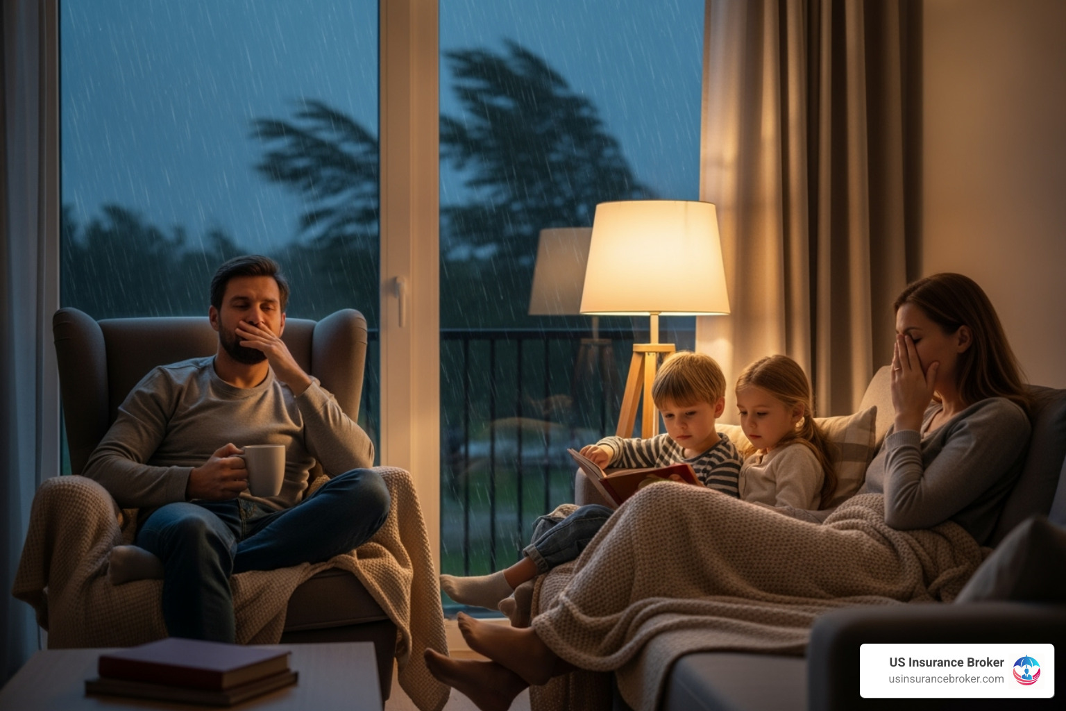 Family looking relieved in their home during a rainstorm - flood zone map by address Family looking relieved in their home during a rainstorm - flood zone map by address
