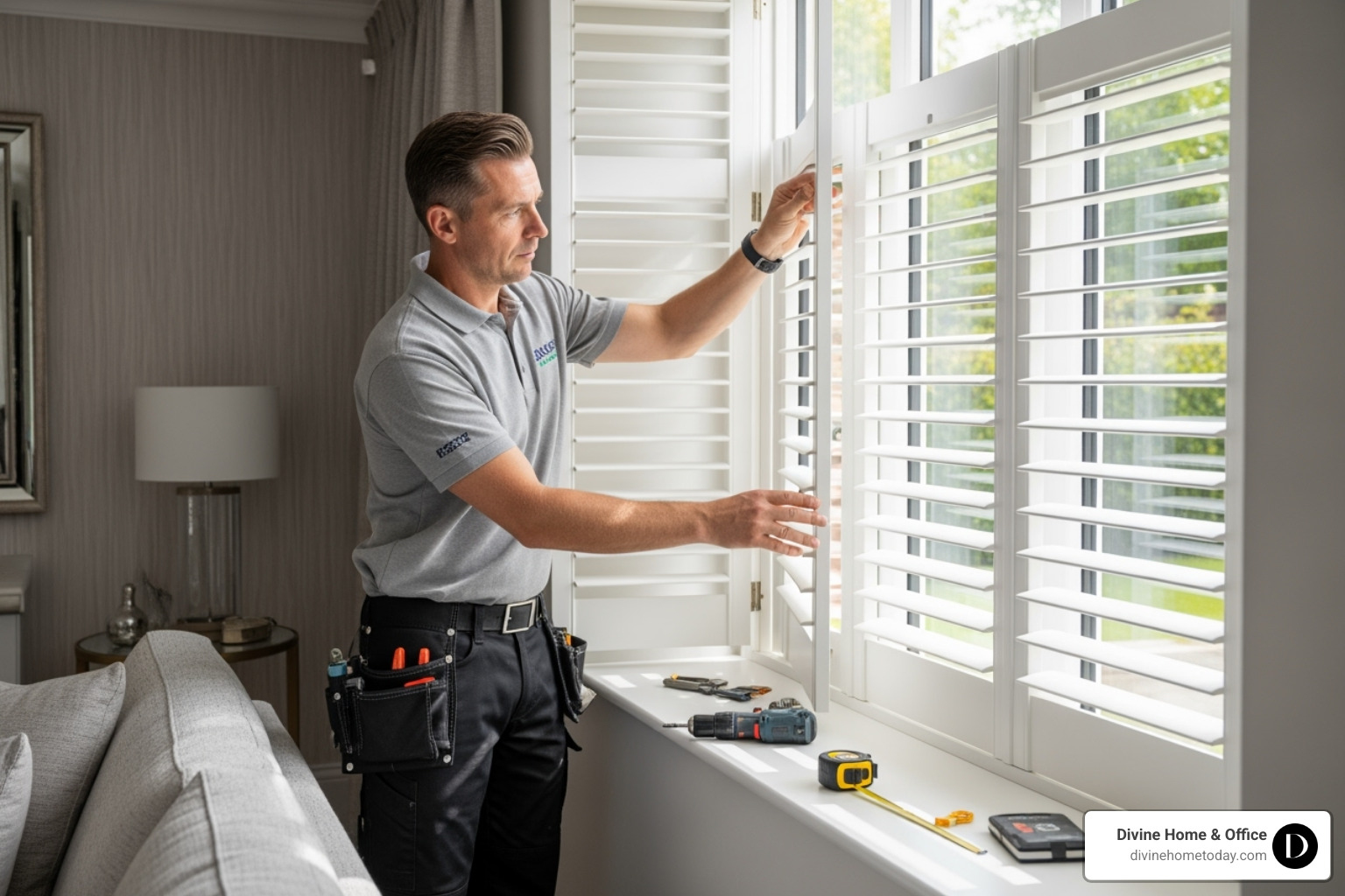 Professional installer fitting custom shutters in a Denver home - Custom window treatments Denver