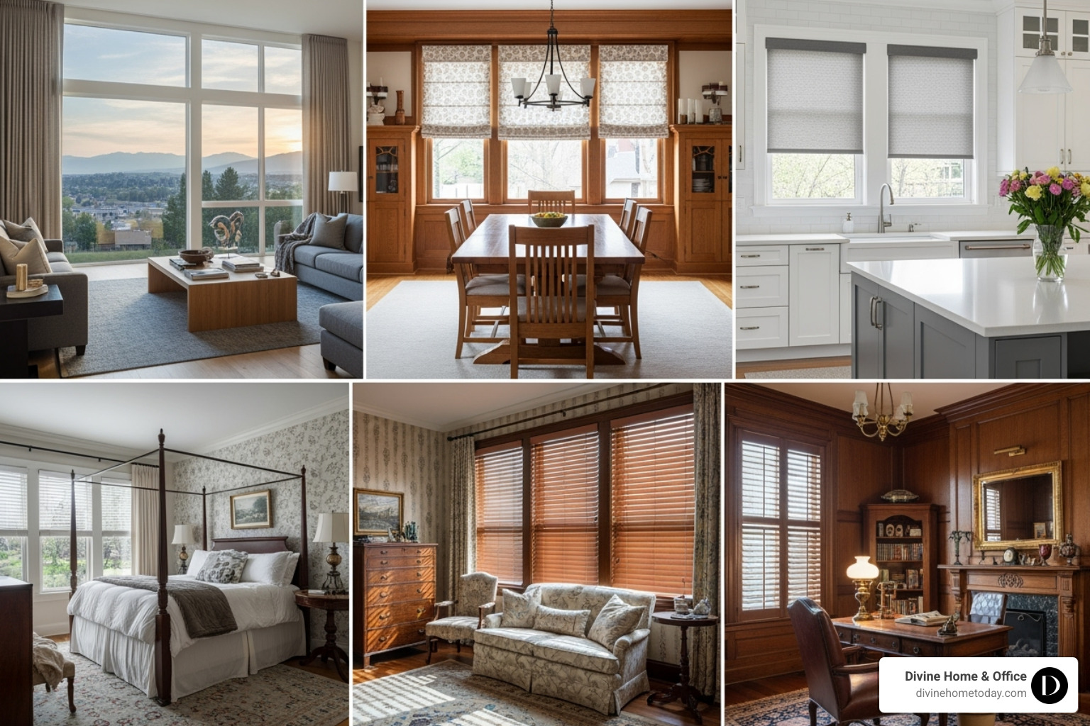 Collage of custom window treatment styles in Denver homes - Custom window treatments Denver