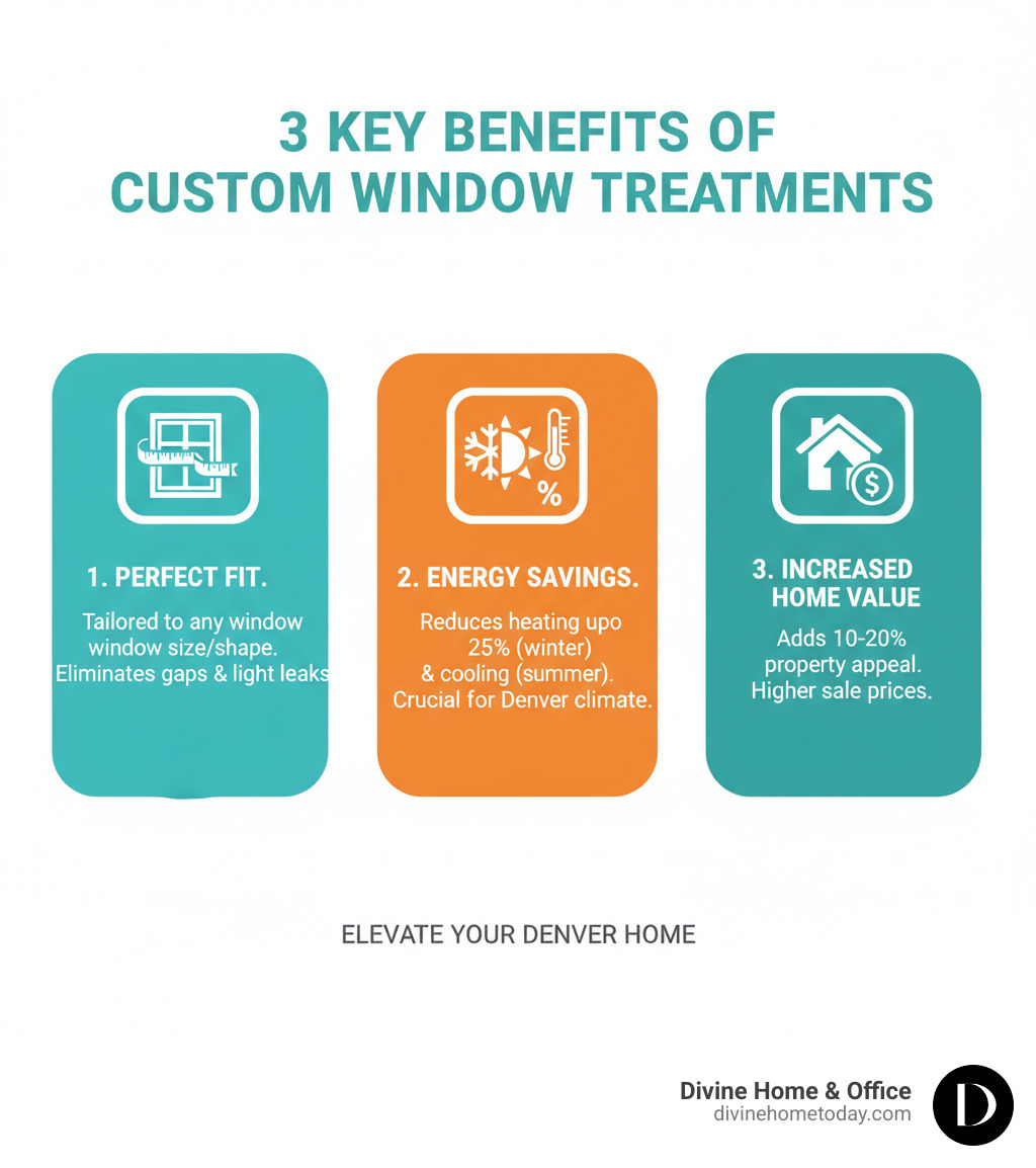 Infographic showing three key benefits of custom window treatments: 1. Perfect Fit - measurements ensure coverage of any window size or shape, eliminating gaps and light leaks. 2. Energy Savings - proper insulation reduces heating costs in winter by up to 25% and cooling costs in summer, crucial for Denver's temperature swings. 3. Increased Home Value - professionally designed treatments add 10-20% to property appeal and can yield higher sale prices compared to homes with basic or no window coverings - Custom window treatments Denver infographic 