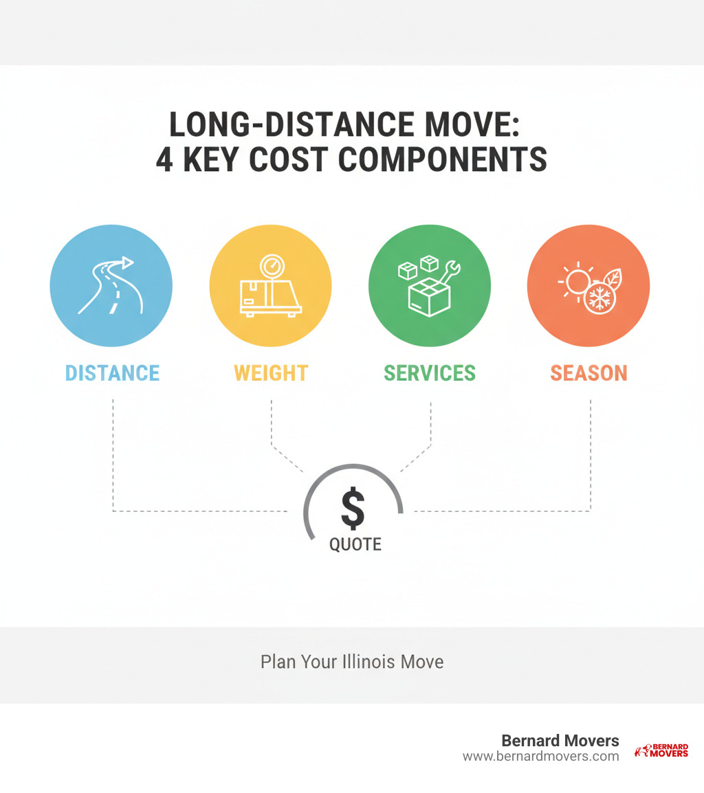 Infographic showing the four main components of a long-distance moving quote: Distance, Weight, Services, and Season. - long distance movers cost infographic 
