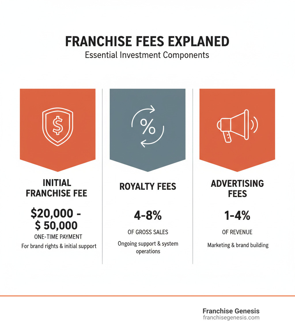Infographic showing three columns: Initial Franchise Fee (one-time payment of $20,000-$50,000 for brand rights and initial support), Royalty Fees (ongoing 4-8% of gross sales for continued support and system operations), and Advertising Fees (1-4% of revenue for marketing and brand building) - franchise fee infographic Infographic showing three columns: Initial Franchise Fee (one-time payment of $20,000-$50,000 for brand rights and initial support), Royalty Fees (ongoing 4-8% of gross sales for continued support and system operations), and Advertising Fees (1-4% of revenue for marketing and brand building) - franchise fee infographic