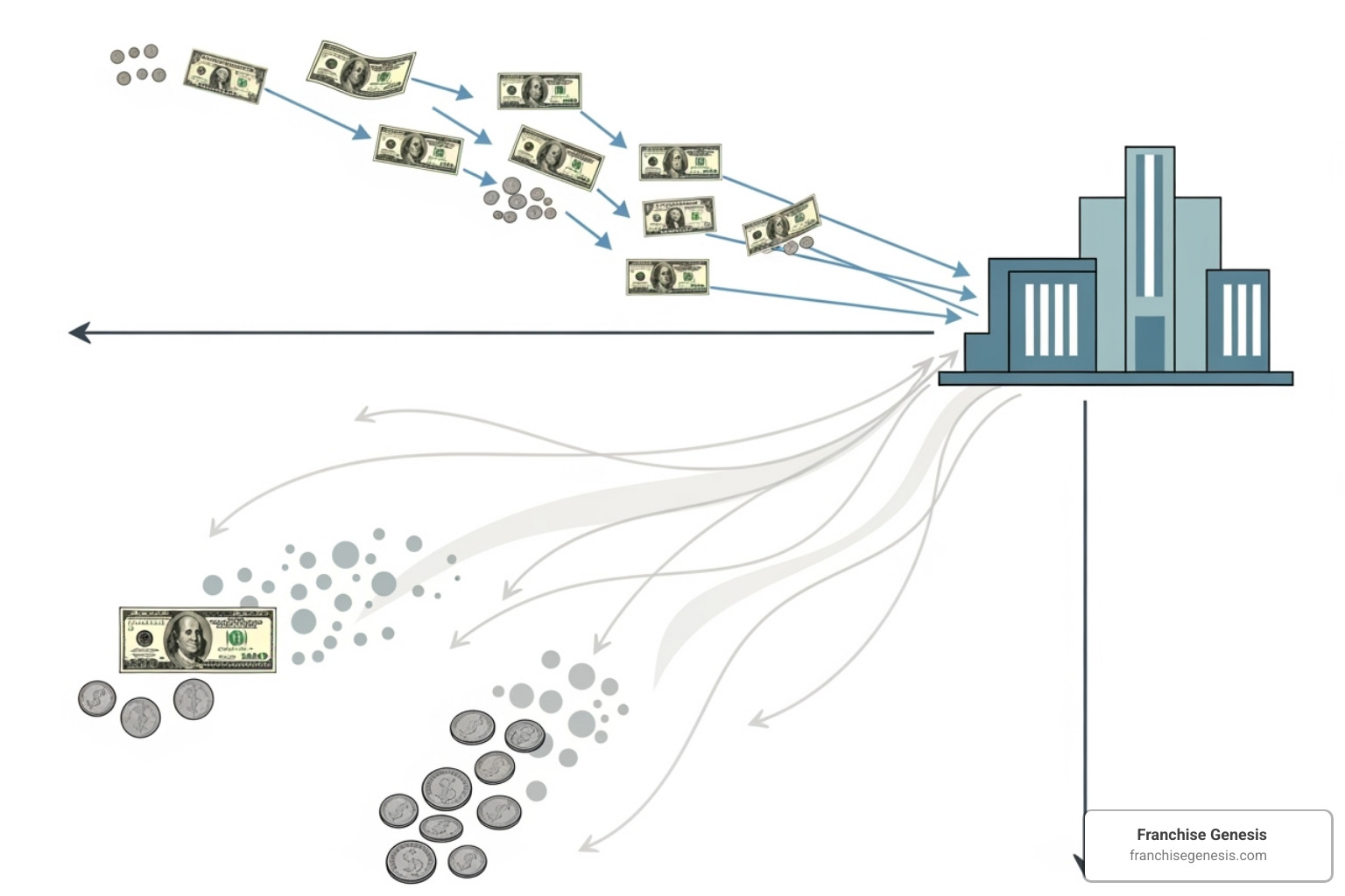 Flowchart showing money flowing from a franchisee to a franchisor and then being reinvested into brand support - franchise fee Flowchart showing money flowing from a franchisee to a franchisor and then being reinvested into brand support - franchise fee