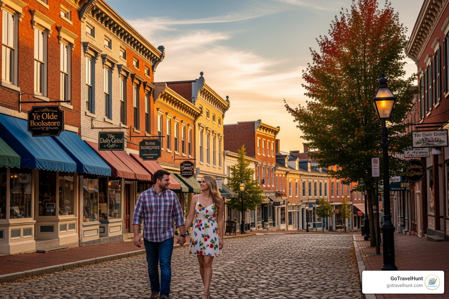 couple walking hand-in-hand down a cobblestone street in a historic town - anniversary getaways near me couple walking hand-in-hand down a cobblestone street in a historic town - anniversary getaways near me
