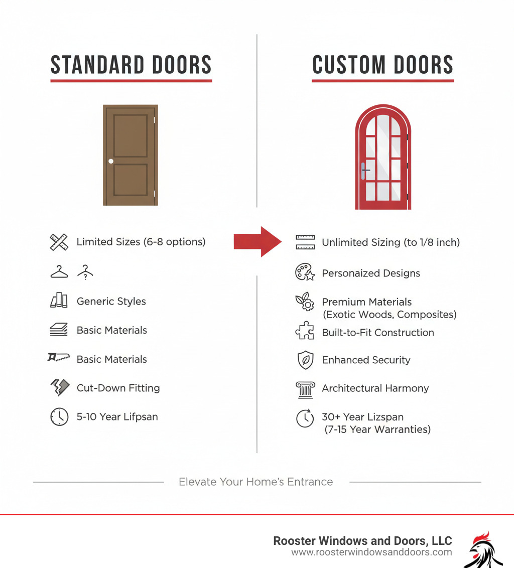 Infographic comparing standard vs custom entry doors: Standard doors show limited sizes (6-8 standard options), generic styles, basic materials, cut-down fitting, and 5-10 year lifespan. Custom doors show unlimited sizing to 1/8 inch, personalized designs, premium materials (exotic woods, advanced composites), built-to-fit construction, professional finishing with 7-15 year warranties, and 30+ year lifespan. Custom doors offer better energy efficiency, enhanced security features, and architectural harmony. - Custom Entry Doors infographic 