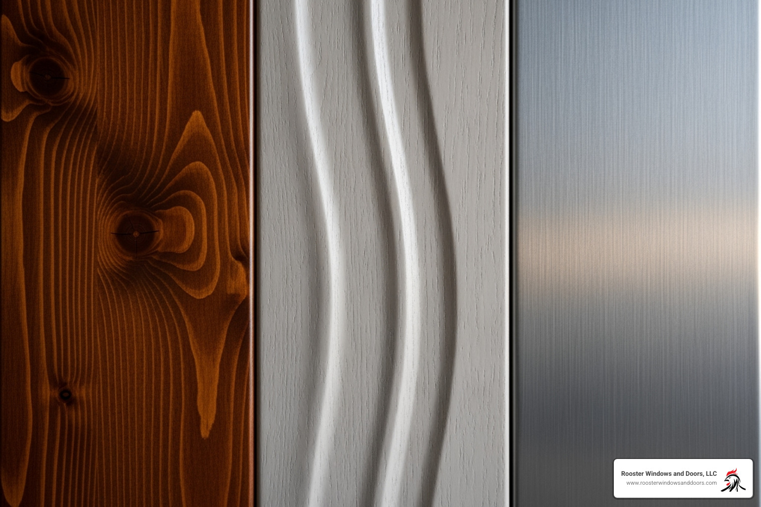 Door sections showcasing wood, fiberglass, and steel textures - Custom Entry Doors