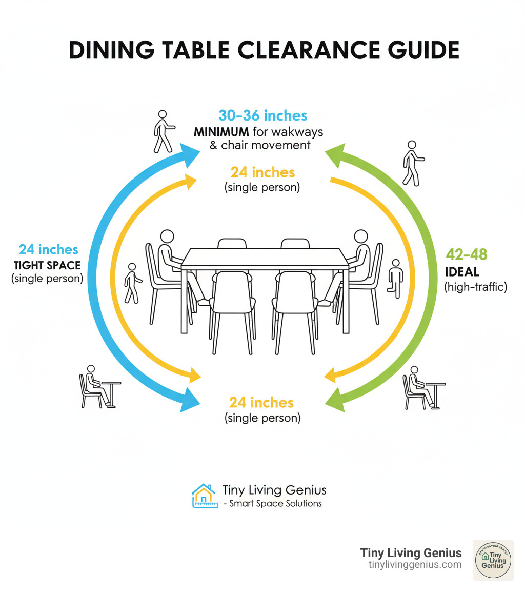 Infographic showing dining table clearance requirements: 30-36 inches minimum clearance around all sides of the table for comfortable walkways and chair movement; 24 inches minimum for tight spaces where only one person passes at a time; 42-48 inches ideal clearance for high-traffic areas; visual diagram of a rectangular table with measurement arrows indicating clearance zones for seated diners pulling out chairs and people walking behind them - dining room tables for narrow spaces infographic 