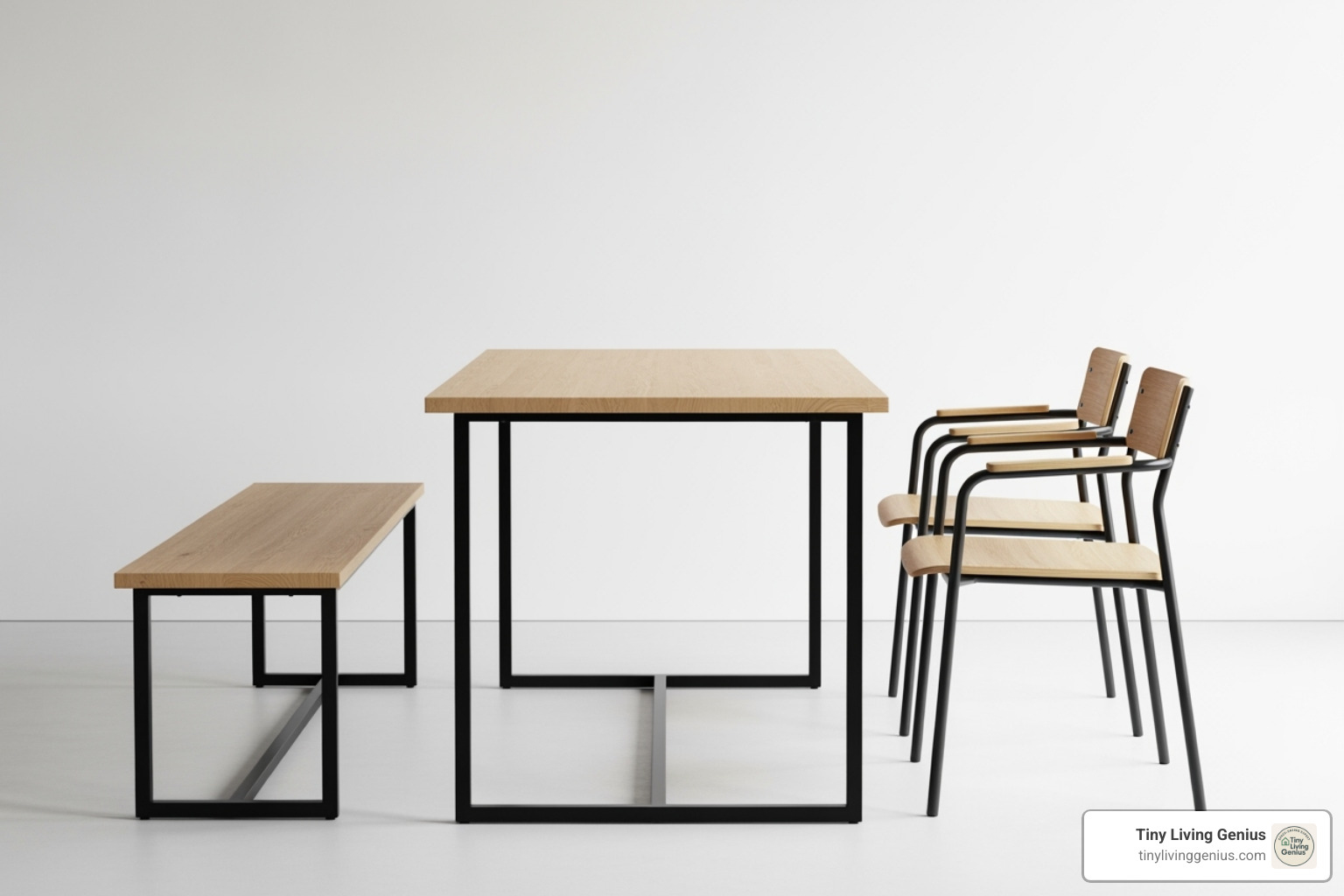 A sleek, narrow rectangular table with a light wood top and black metal legs, paired with a simple dining bench on one side and two armless chairs on the other, all against a clean white wall. - dining room tables for narrow spaces
