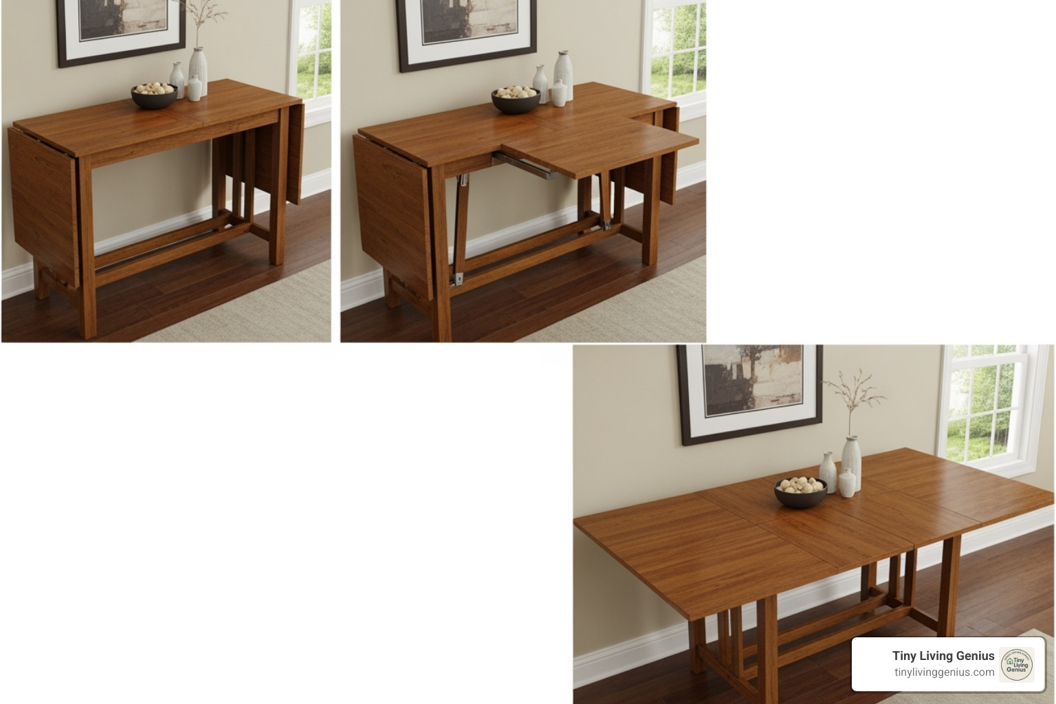 A sequence of three images showing a wooden drop-leaf table. The first image shows the table fully collapsed, appearing as a narrow console. The second image shows one leaf extended, forming a small dining surface. The third image shows both leaves extended, creating a full-sized dining table ready for guests. - dining room tables for narrow spaces