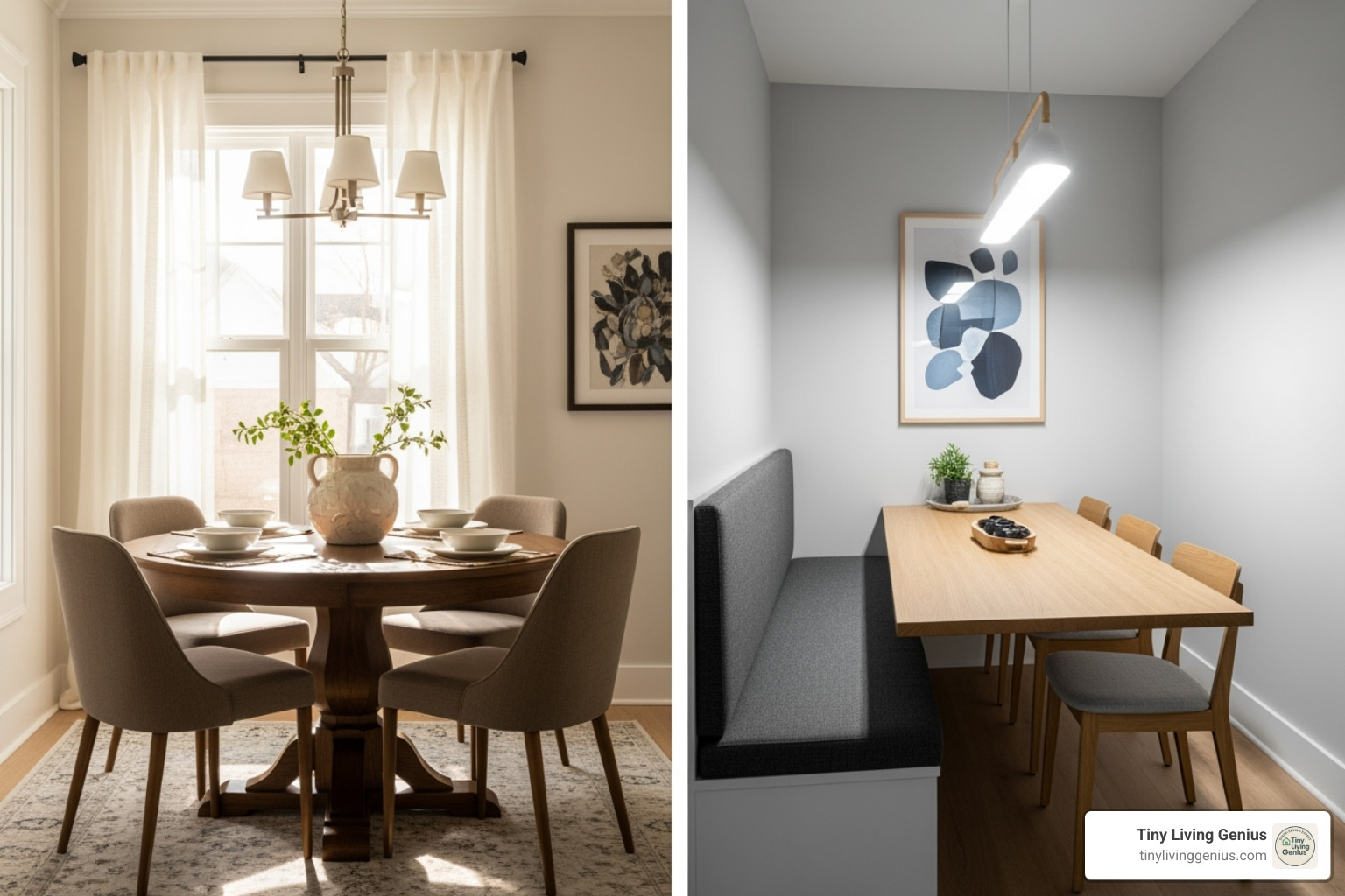 A split image showing on the left, a cozy round dining table with four chairs nestled in a corner nook, and on the right, a long, narrow rectangular dining table with a bench and chairs stretching along a wall in a compact room. - dining room tables for narrow spaces