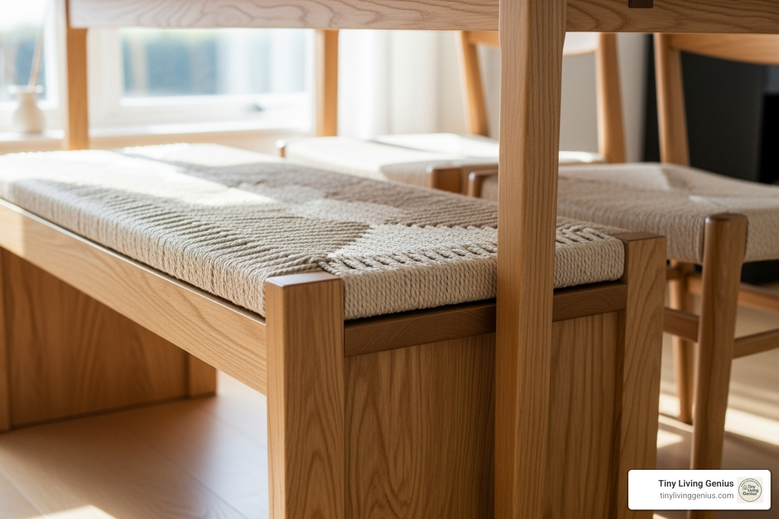 A stylish wooden dining bench with a woven seat cushion is neatly tucked underneath a narrow wooden dining table, showcasing efficient space utilization. - dining room tables for narrow spaces
