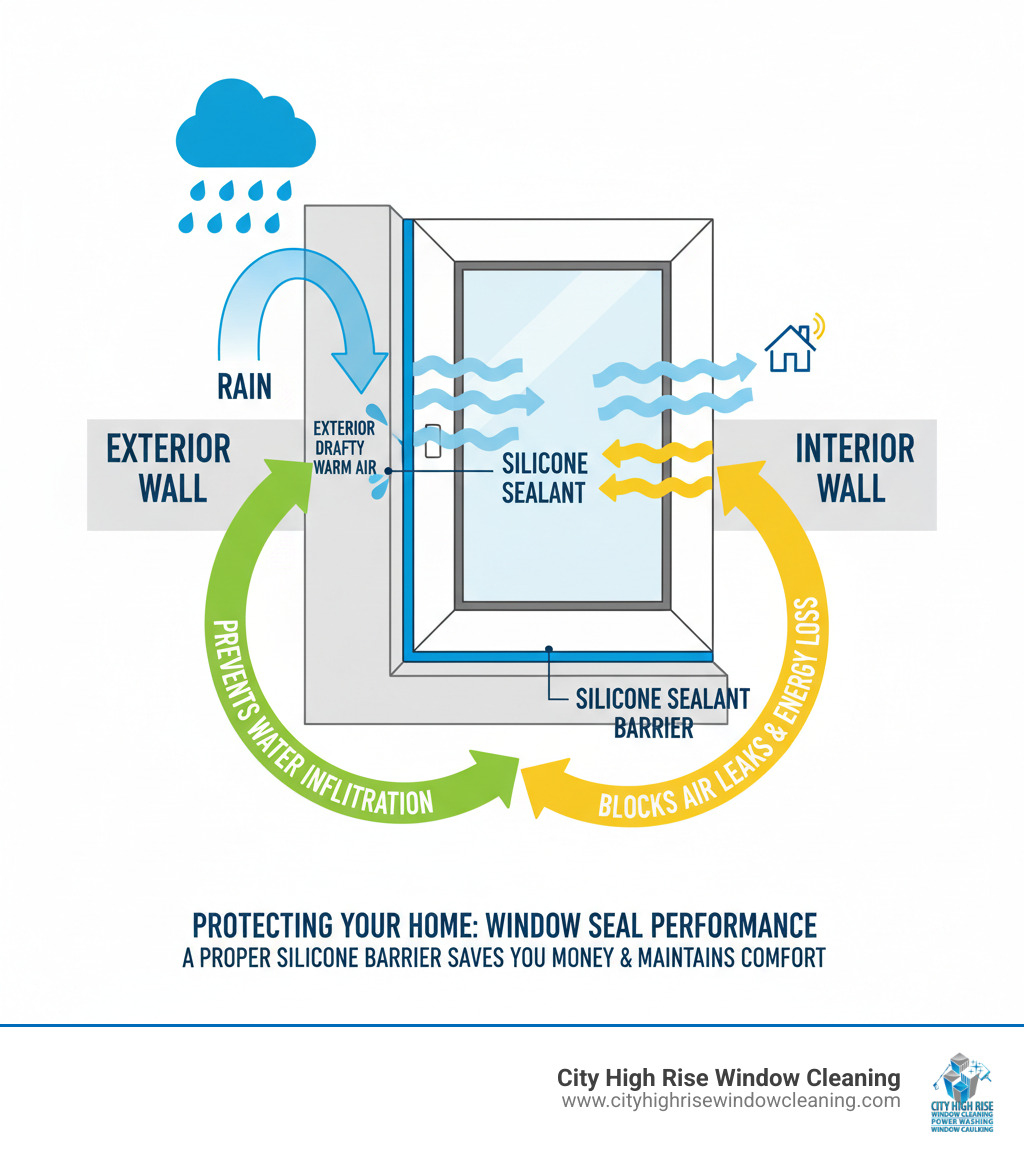 Infographic showing cross-section of a window frame with labeled components: exterior wall, window frame, silicone sealant barrier blocking water droplets and air flow arrows, and interior wall. Arrows indicate how proper silicone seal prevents water infiltration from rain and blocks air leaks that cause drafts and energy loss. - outdoor window silicone infographic Infographic showing cross-section of a window frame with labeled components: exterior wall, window frame, silicone sealant barrier blocking water droplets and air flow arrows, and interior wall. Arrows indicate how proper silicone seal prevents water infiltration from rain and blocks air leaks that cause drafts and energy loss. - outdoor window silicone infographic