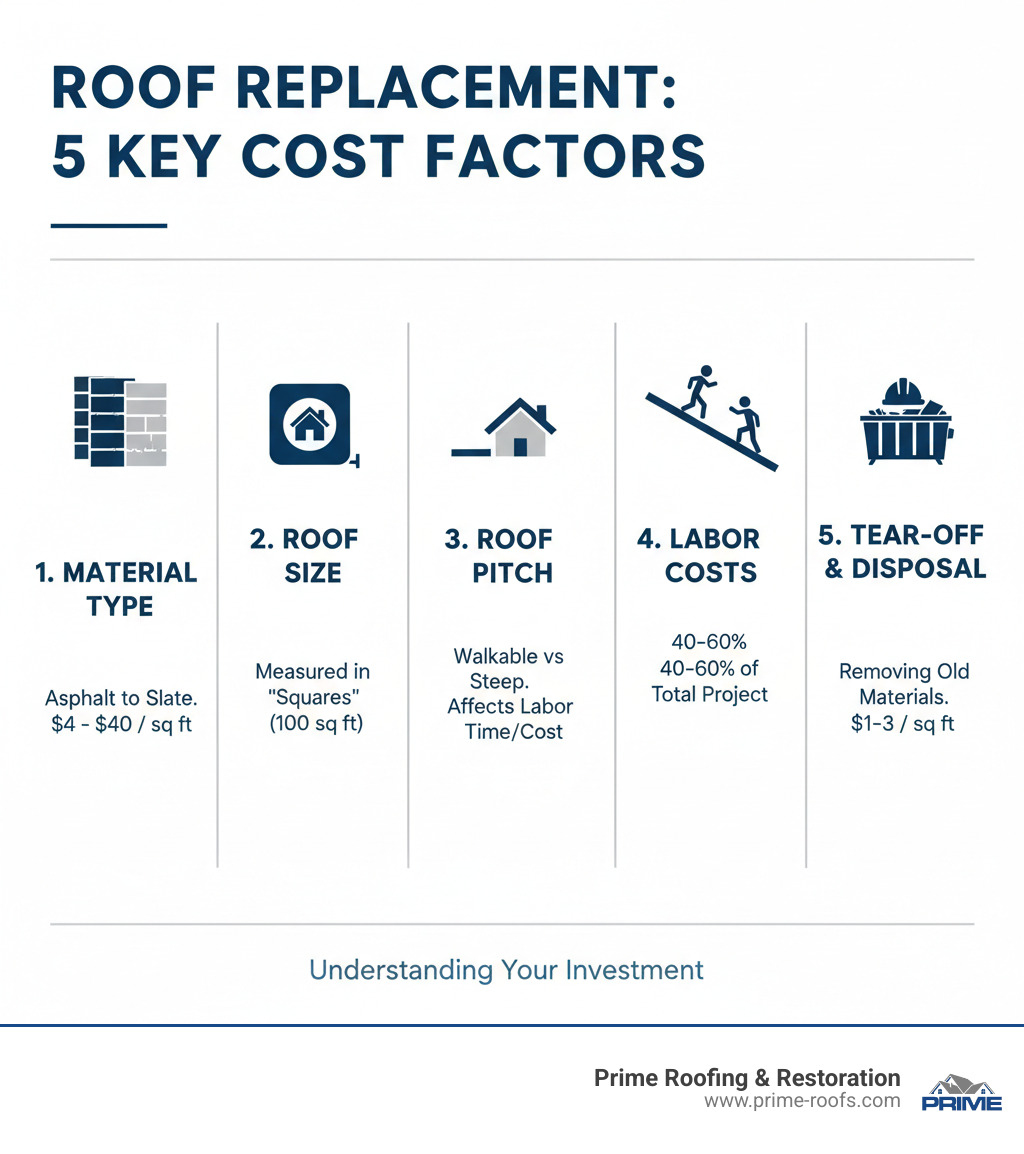 Infographic showing the 5 main cost factors for roof replacement: Material Type (asphalt to slate ranges), Roof Size (measured in squares), Roof Pitch (walkable to steep affects labor), Labor Costs (40-60% of total), and Tear-Off/Disposal (removing old materials) - cost per sq ft to replace roof infographic Infographic showing the 5 main cost factors for roof replacement: Material Type (asphalt to slate ranges), Roof Size (measured in squares), Roof Pitch (walkable to steep affects labor), Labor Costs (40-60% of total), and Tear-Off/Disposal (removing old materials) - cost per sq ft to replace roof infographic