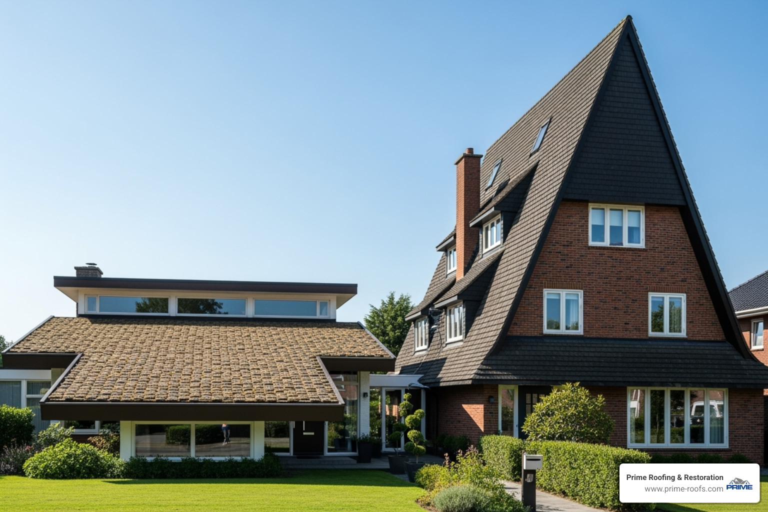 Image illustrating the difference between a low-pitch (walkable) and a steep-pitch roof - cost per sq ft to replace roof Image illustrating the difference between a low-pitch (walkable) and a steep-pitch roof - cost per sq ft to replace roof