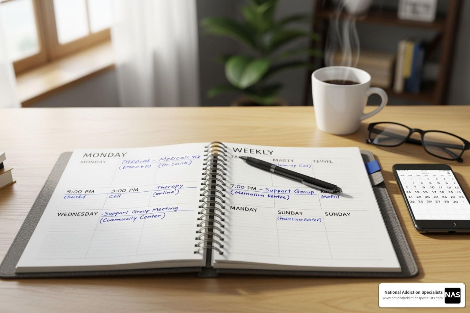 A weekly planner showing appointments for an outpatient detox program - outpatient detoxification