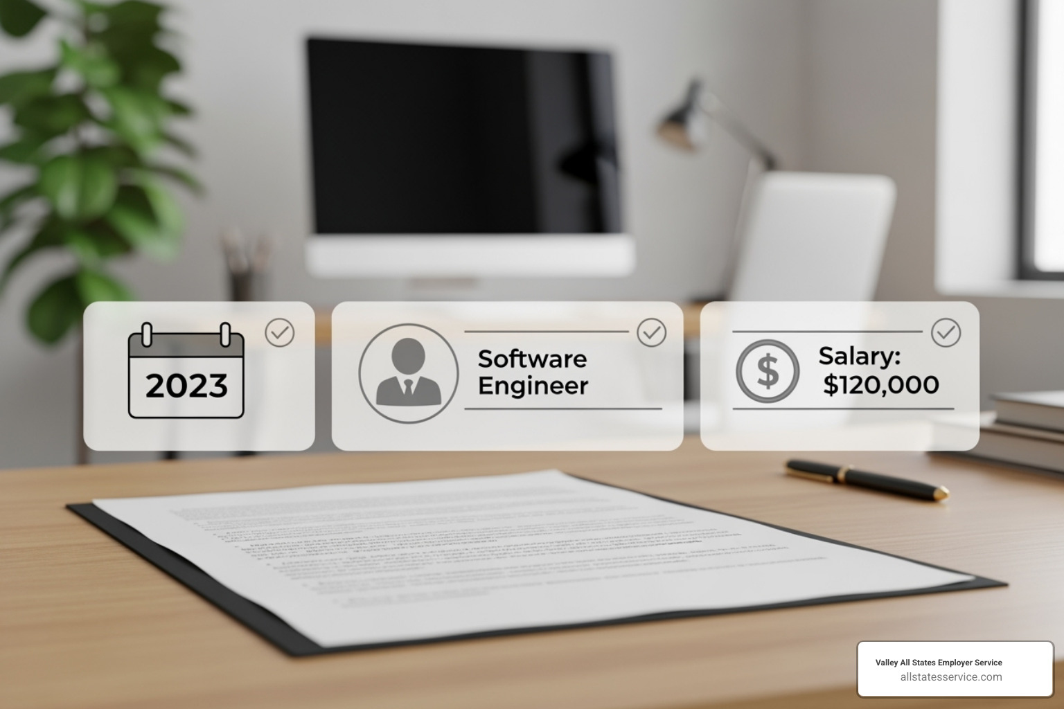 document with icons representing verified information like dates, job title, and salary - employment verification process