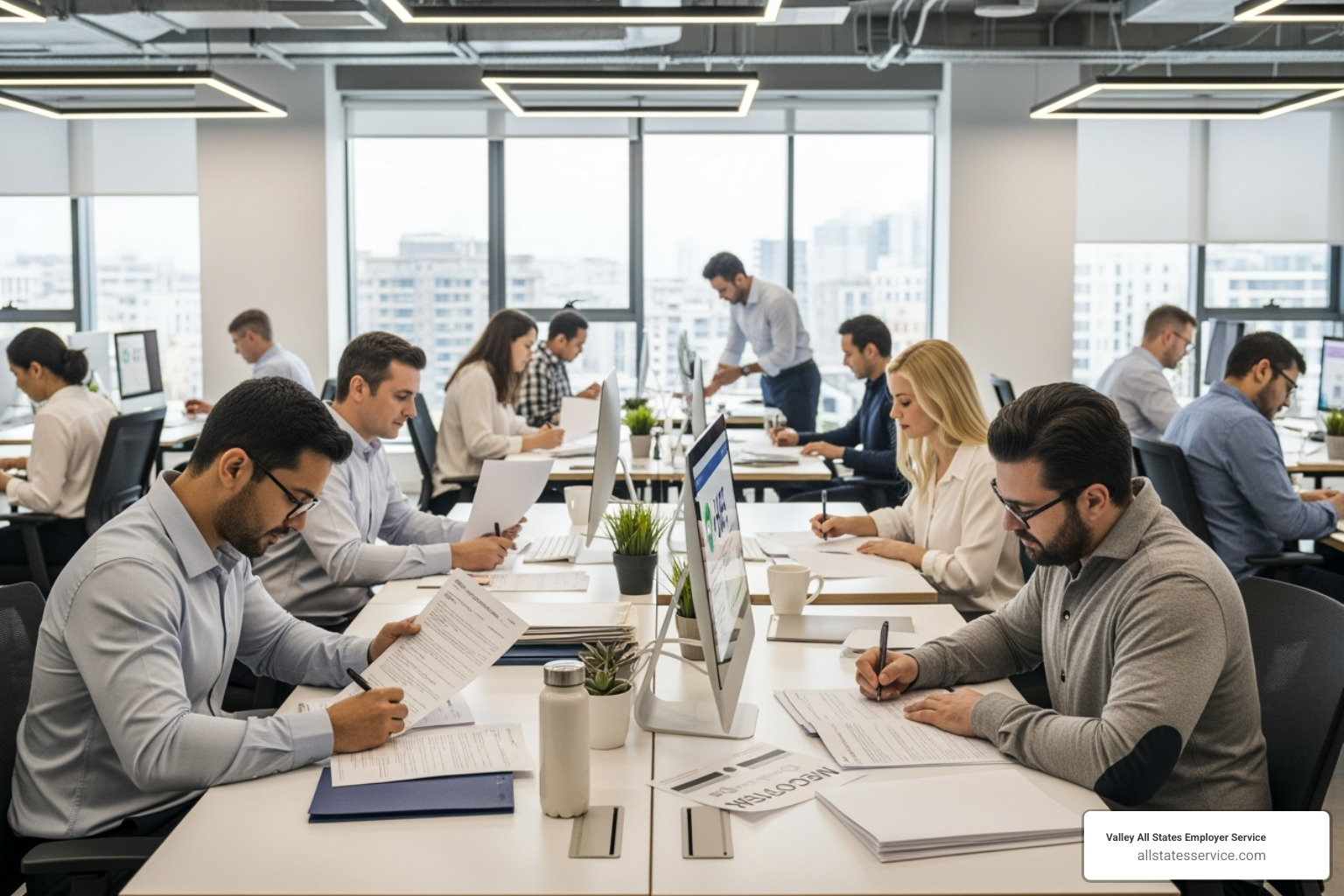 Image of a diverse group of employees filling out forms at desks, representing onboarding paperwork - Employment law Maryland
