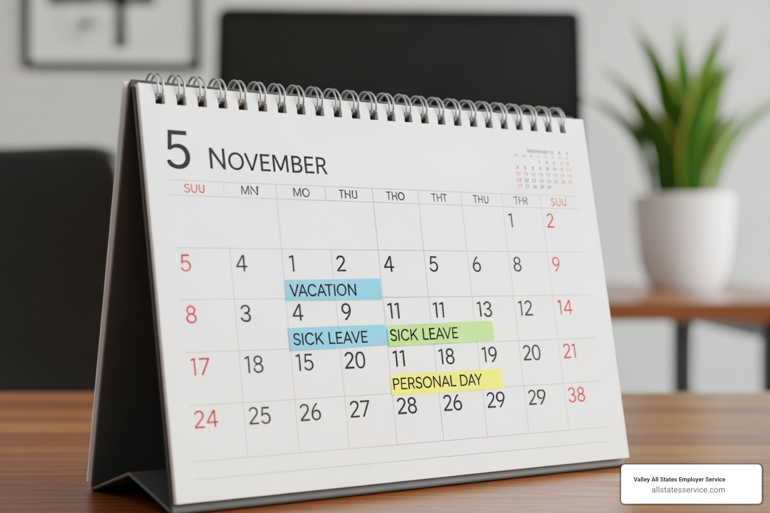 A calendar with various leave types highlighted: Sick Leave, Family Leave, Paid Time Off. - Employment law Maryland